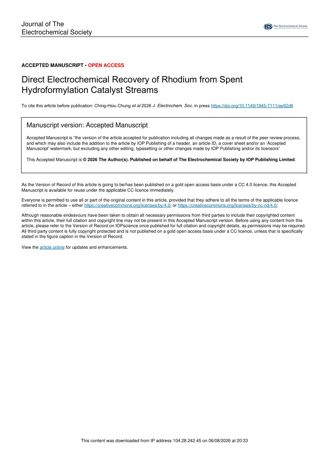 First page of Electrochemical Recovery Rhodium