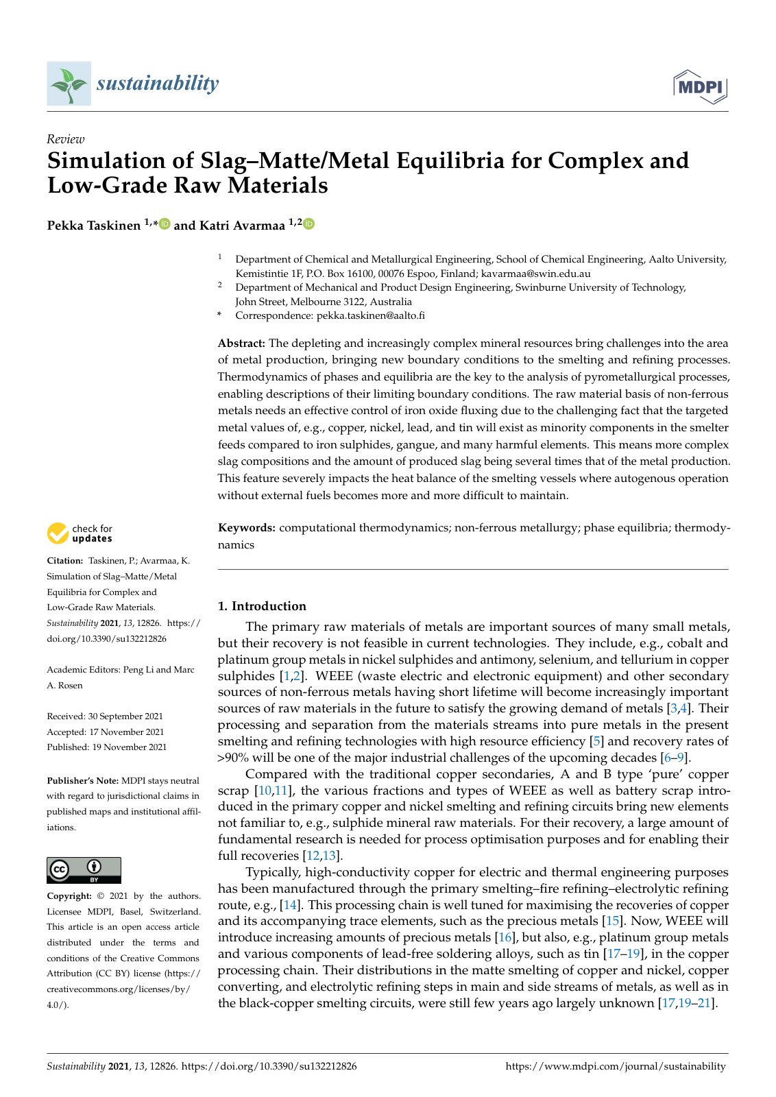 First page of Simulation of Slag Matte Metal Equilibri