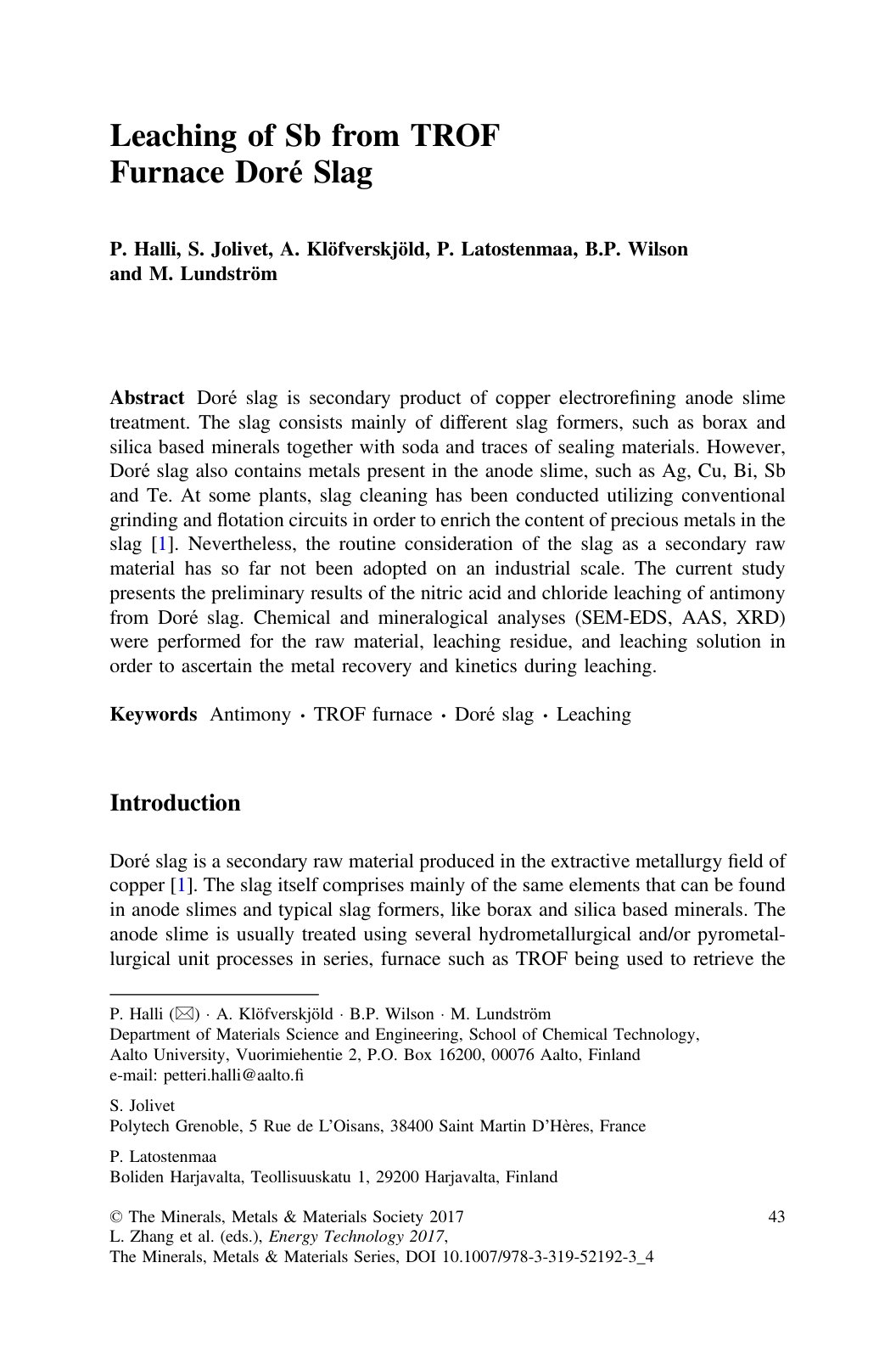 First page of Leaching of Sb from TROF Furnace Doré Slag
