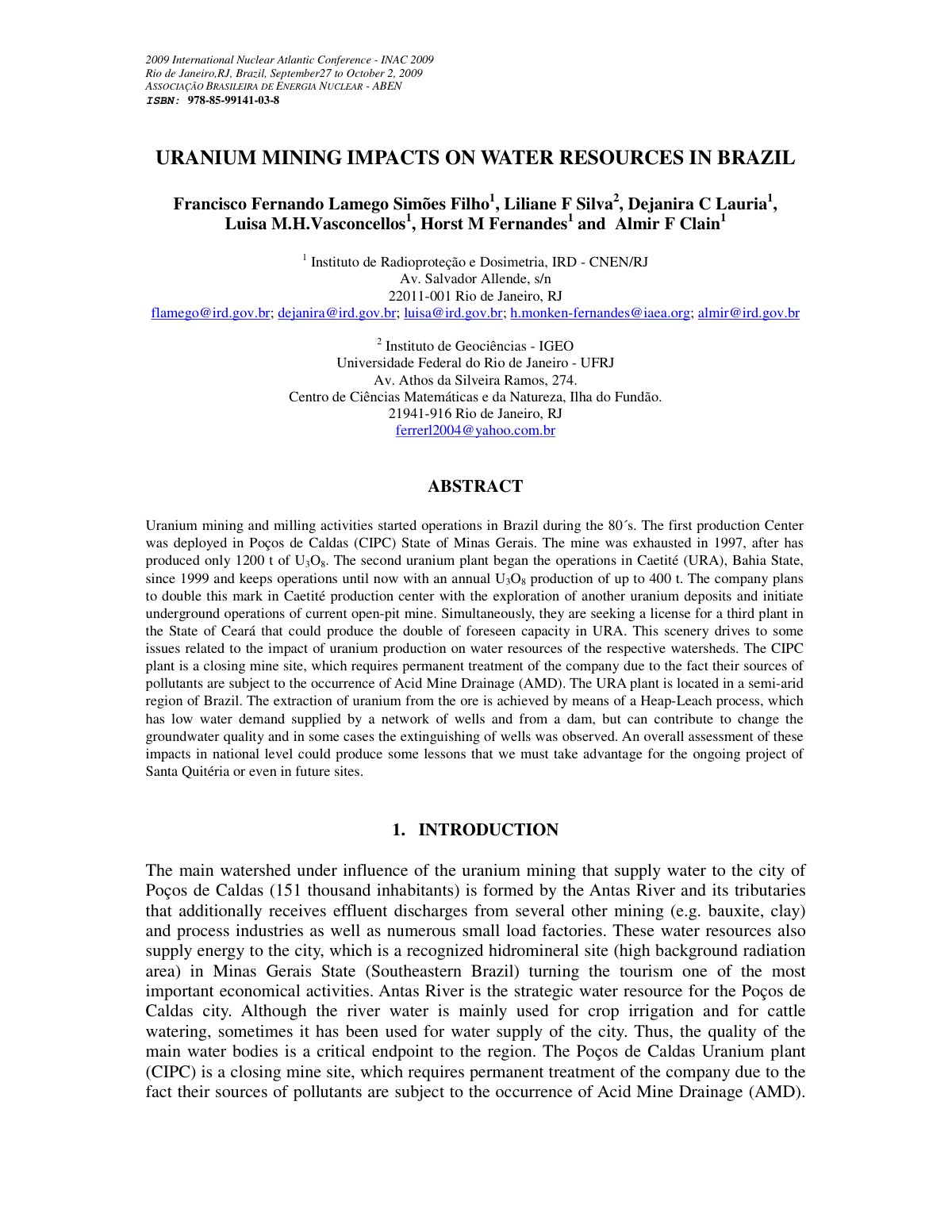 First page of URANIUM MINING IMPACTS ON WATER RESOURCES IN BRAZIL