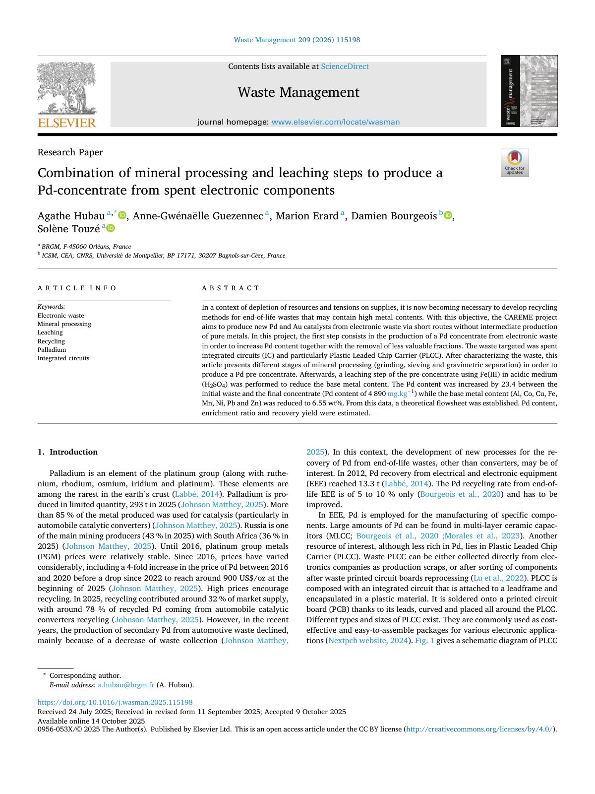 First page of Combination of mineral processing and leaching steps to produc 2026 Waste Ma