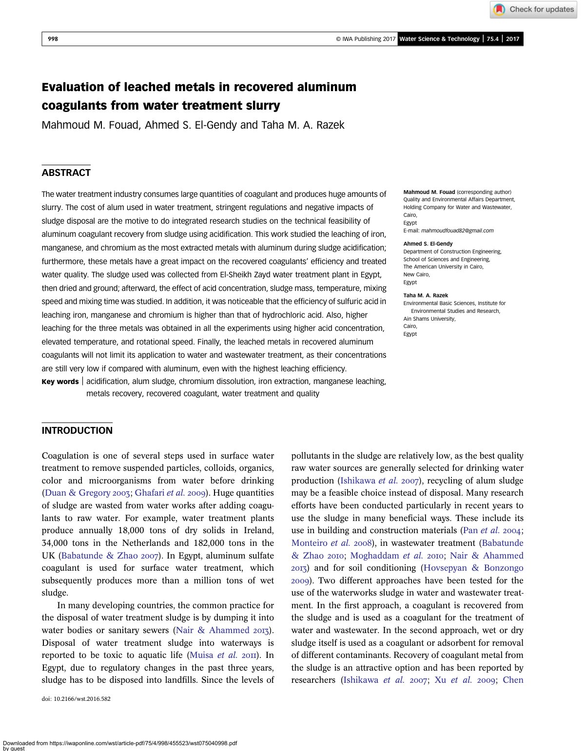 First page of Evaluation of leached metals in recovered aluminum coagulants from water treatment slurry