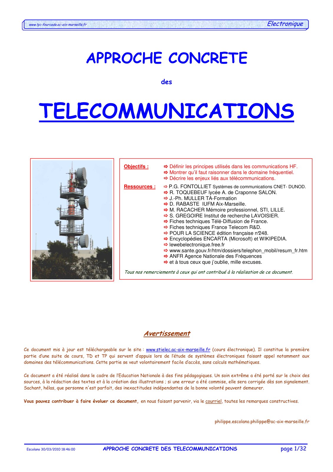 First page of APPROCHE CONCRETE DES TELECOMMUNICATIONS