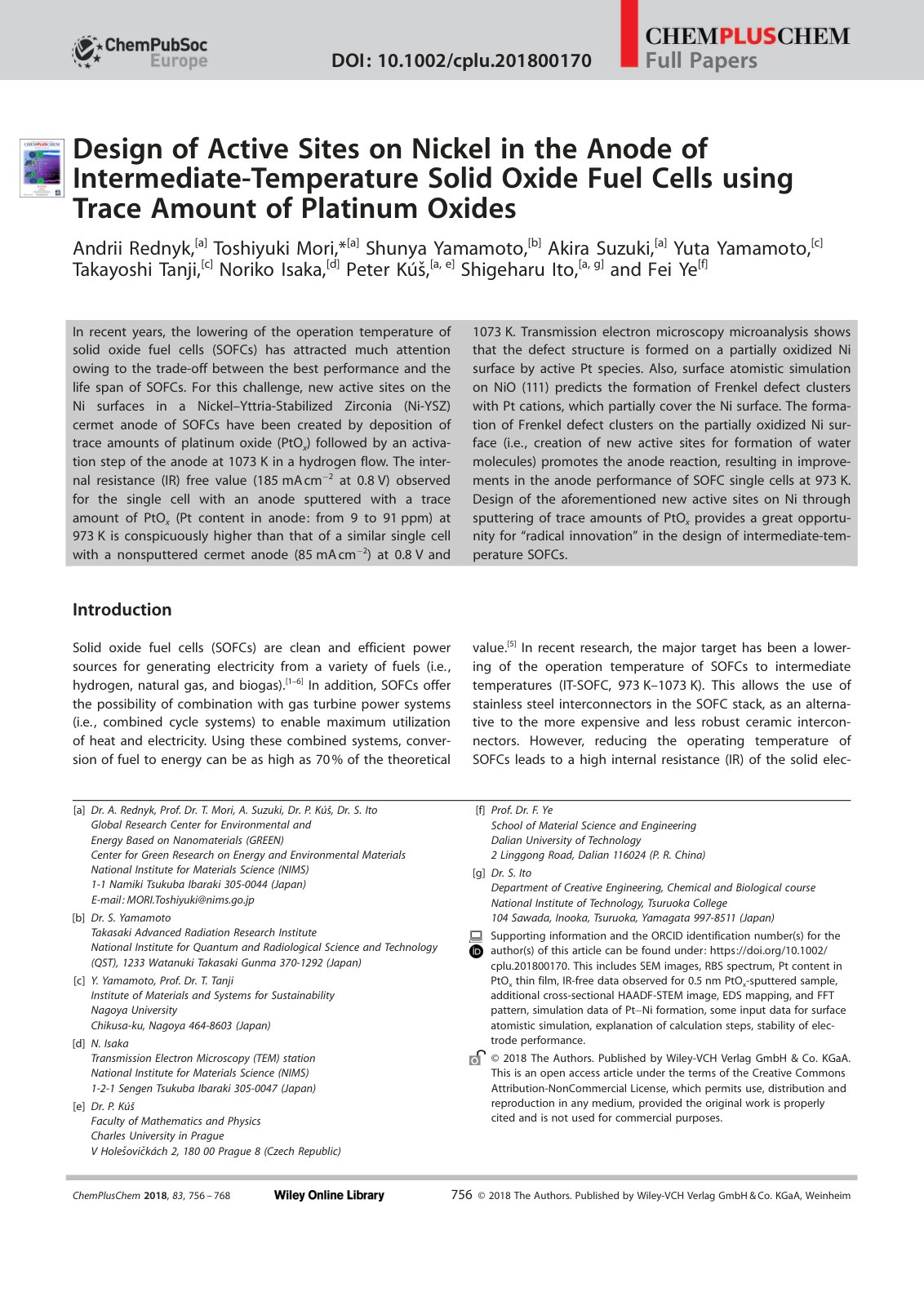 First page of Design of Active Sites on Nickel in the Anode of Intermediate-Temperature Solid Oxide Fuel Cells using Trace Amount of Platinum Oxides