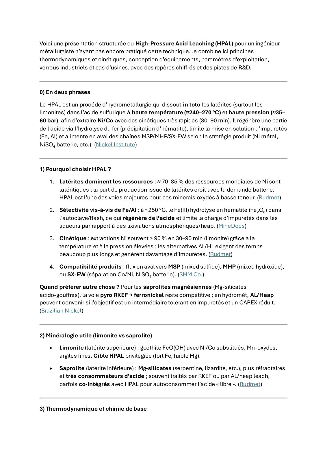 First page of High-Pressure Acid Leaching (HPAL) : Présentation structurée pour un ingénieur métallurgiste