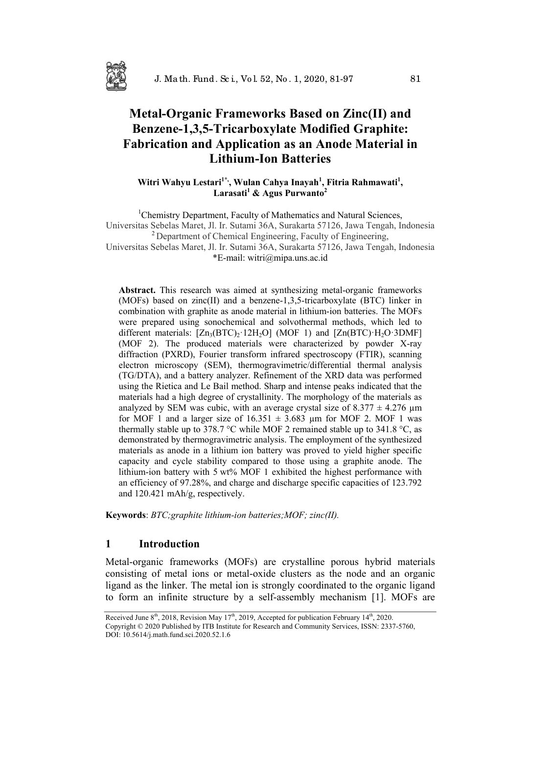 First page of Metal Organic Frameworks Based on Zinc I