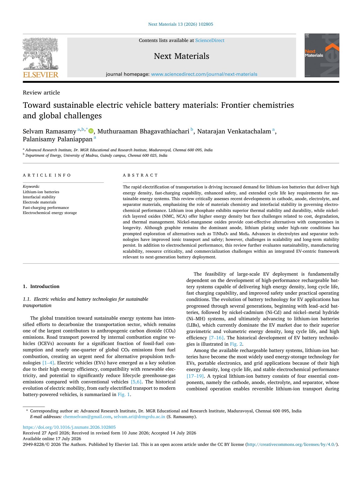 First page of Toward sustainable electric vehicle battery materials  Frontie 2026 Next Mat