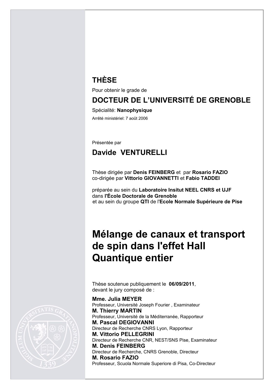 First page of Mélange de canaux et transport de spin dans l'effet Hall Quantique entier