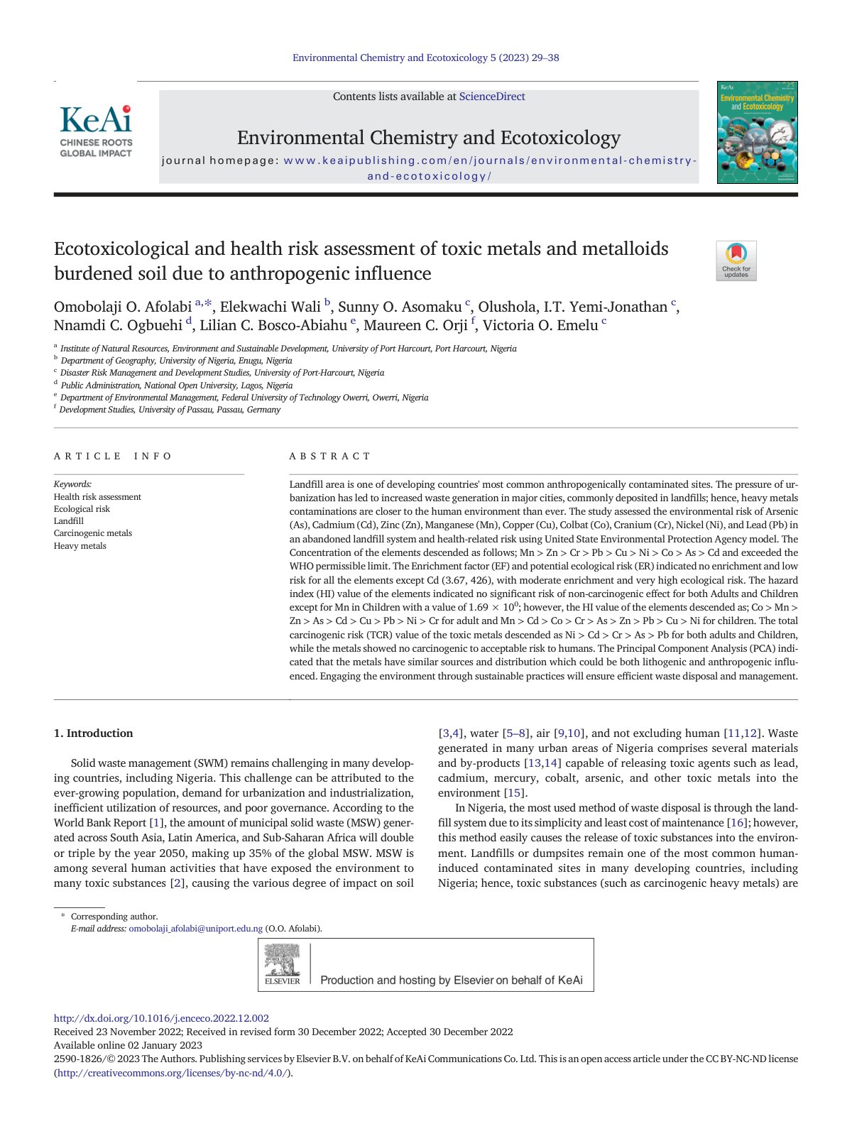 First page of Ecotoxicological and health risk assessment of toxic metals and metalloids burdened soil due to anthropogenic influence