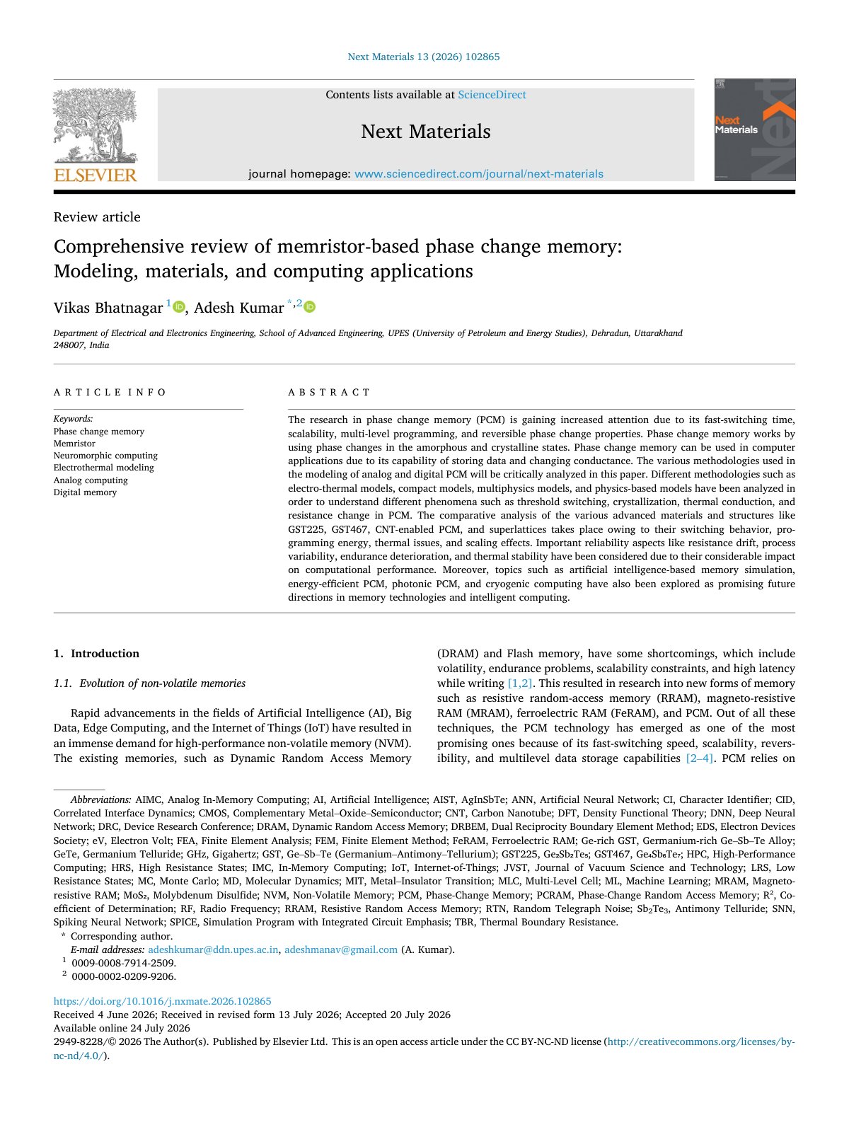 First page of Comprehensive review of memristor based phase change memory  M 2026 Next Mat