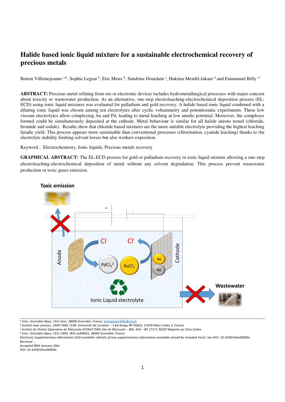 First page of Halide based ionic liquid mixture for a