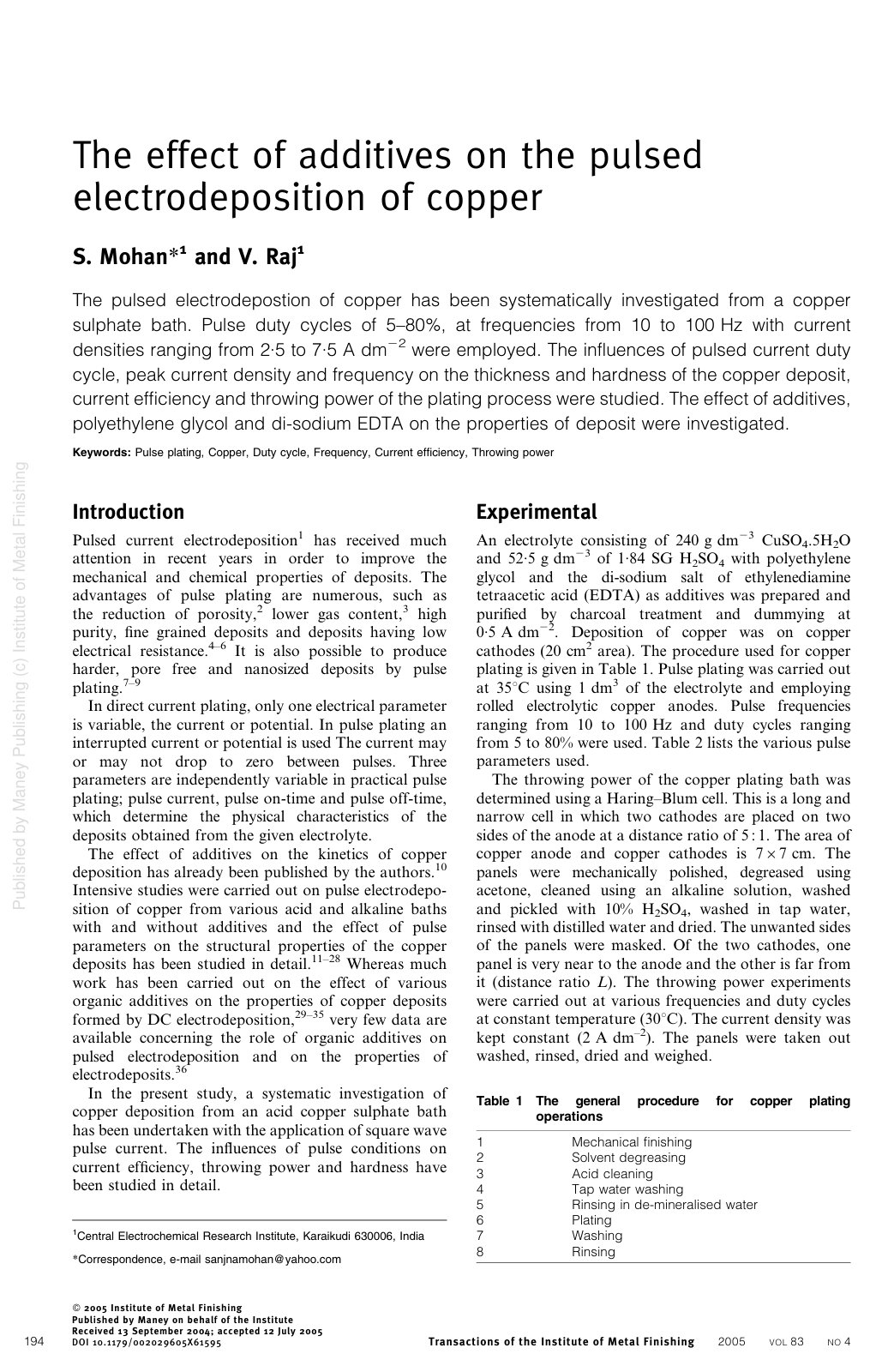 First page of The effect of additives on the pulsed electrodeposition of copper