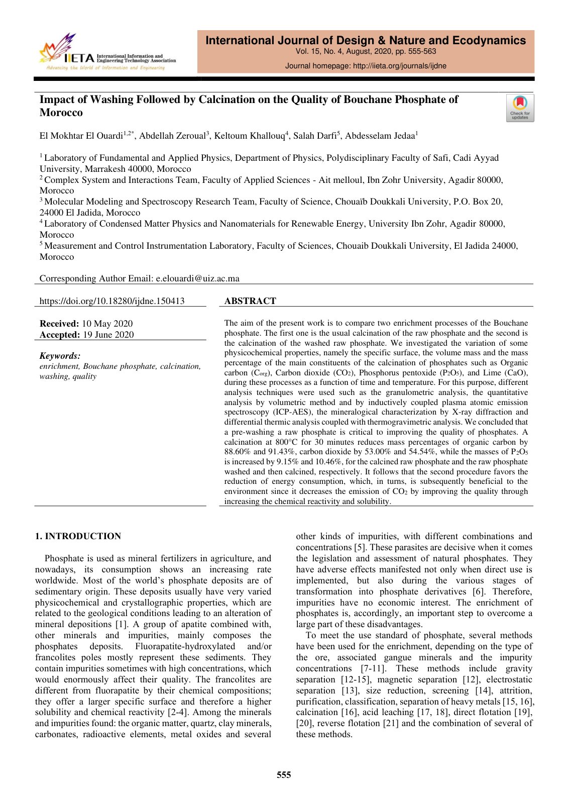 First page of Impact of Washing Followed by Calcination on the Quality of Bouchane Phosphate of Morocco
