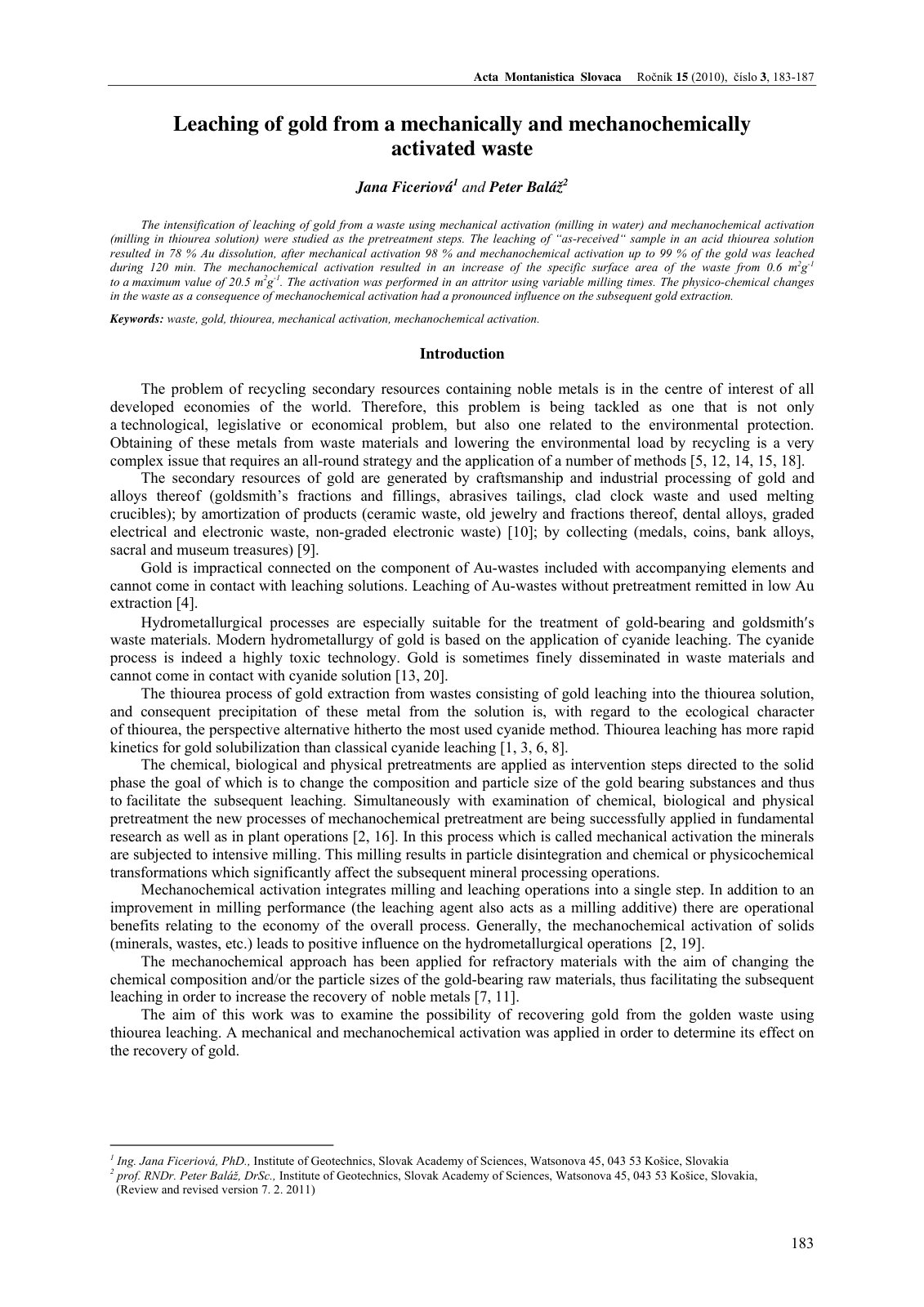 First page of Leaching of gold from a mechanically and