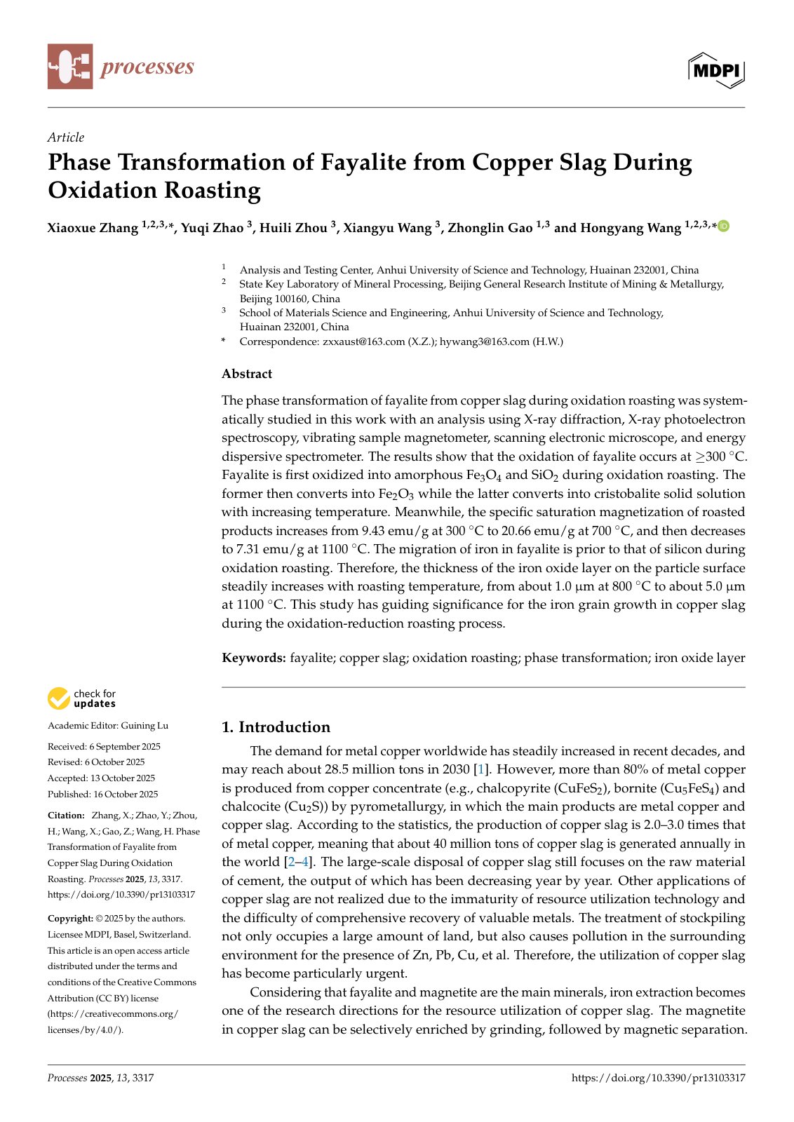 First page of Phase Transformation of Fayalite from Copper Slag During Oxidation Roasting