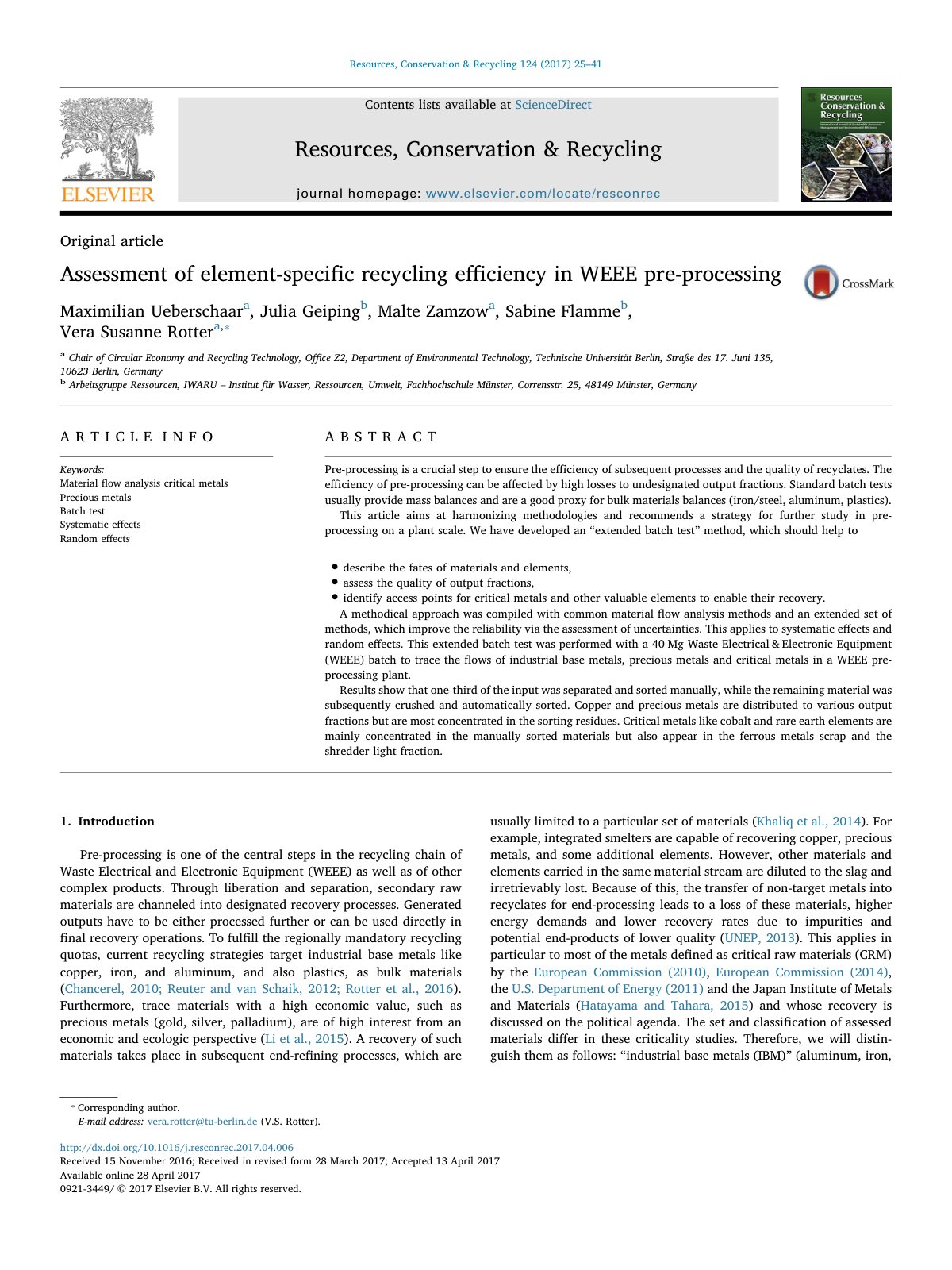 First page of Assessment of element specific recycling effici 2017 Resources  Conservation