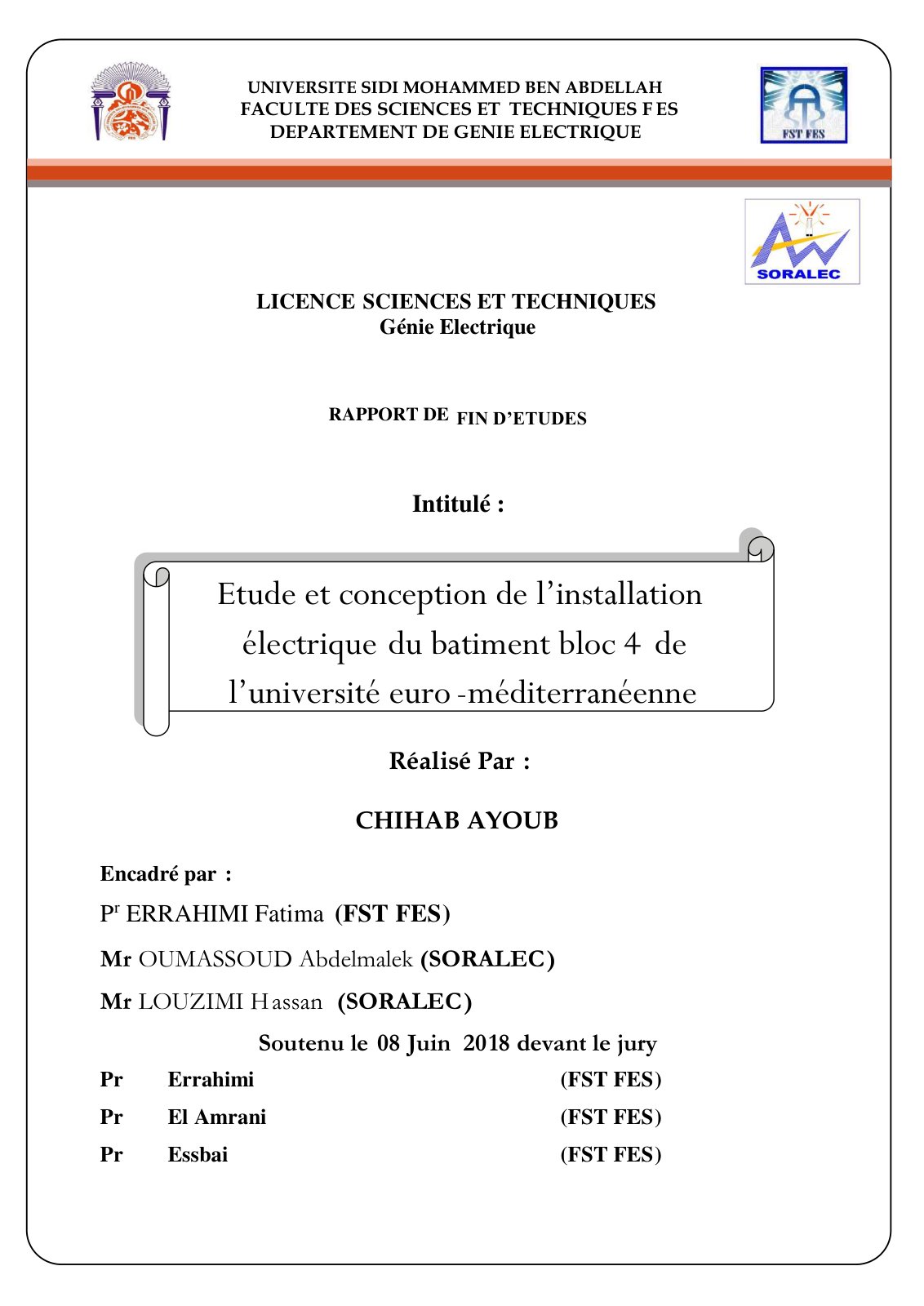 First page of Etude et conception de l'installation électrique du batiment bloc 4 de l'université euro méditerranéenne   Ayoub CHIHAB