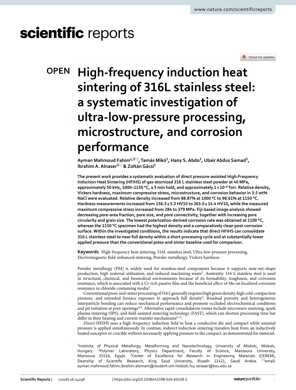 First page of High-frequency induction heat sintering of 316L stainless steel: a systematic investigation of ultra-low-pressure processing, microstructure, and corrosion performance