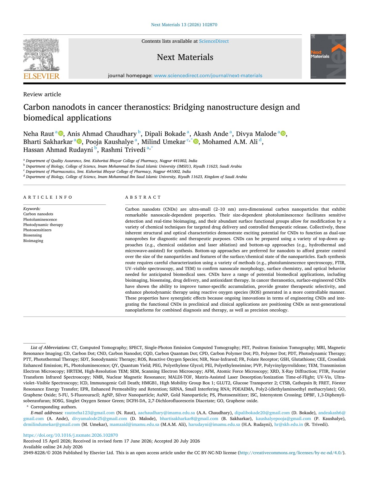 First page of Carbon nanodots in cancer theranostics  Bridging nanostructure 2026 Next Mat