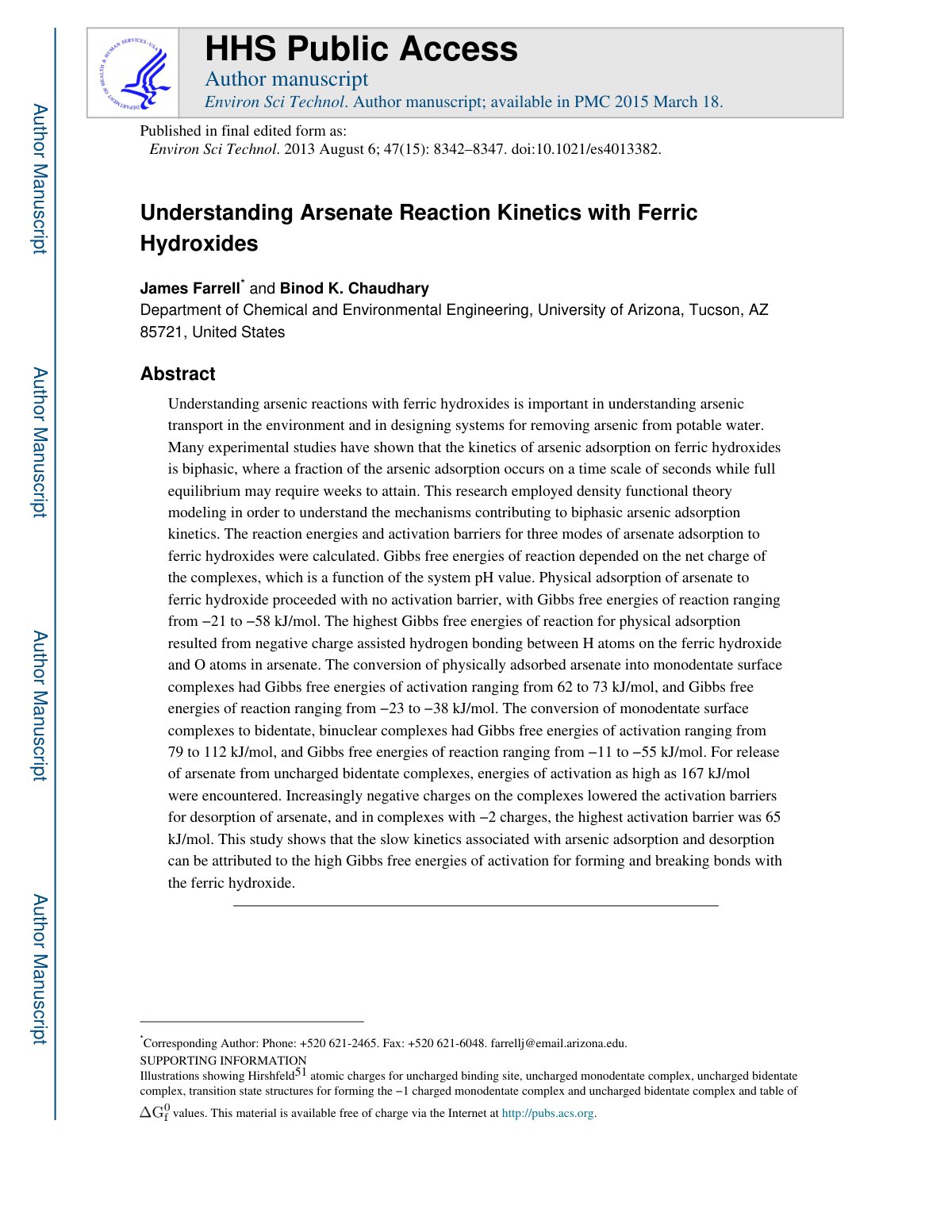 First page of Understanding Arsenate Reaction Kinetics with Ferric Hydroxides