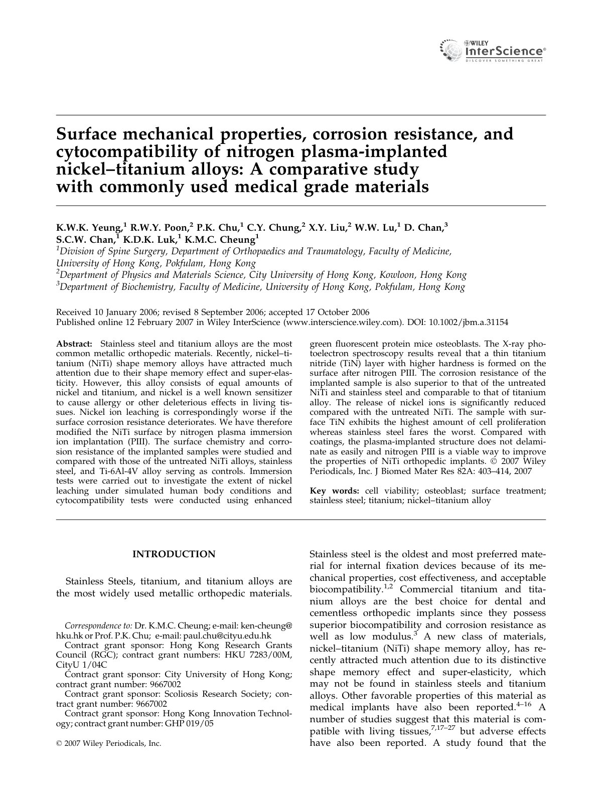 First page of Surface mechanical properties, corrosion resistance, and cytocompatibility of nitrogen plasma-implanted nickel–titanium alloys: A comparative study with commonly used medical grade materials