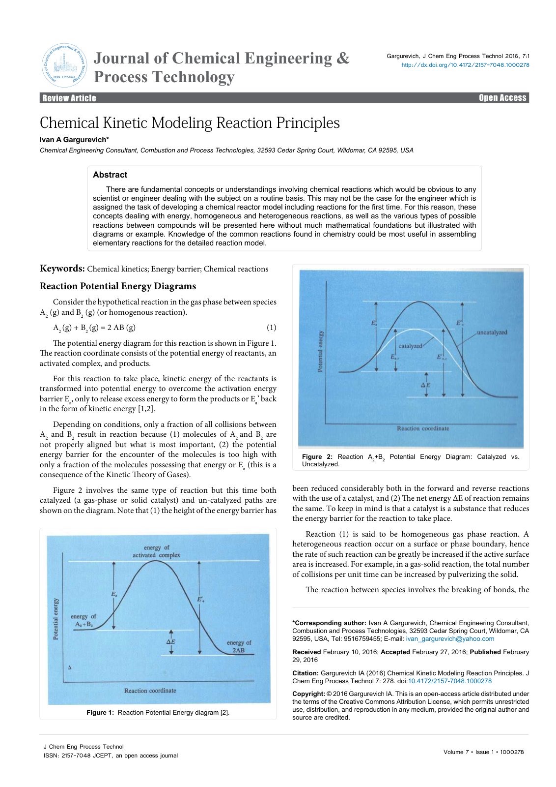 First page of Chemical Kinetic Modeling Reaction Principles
