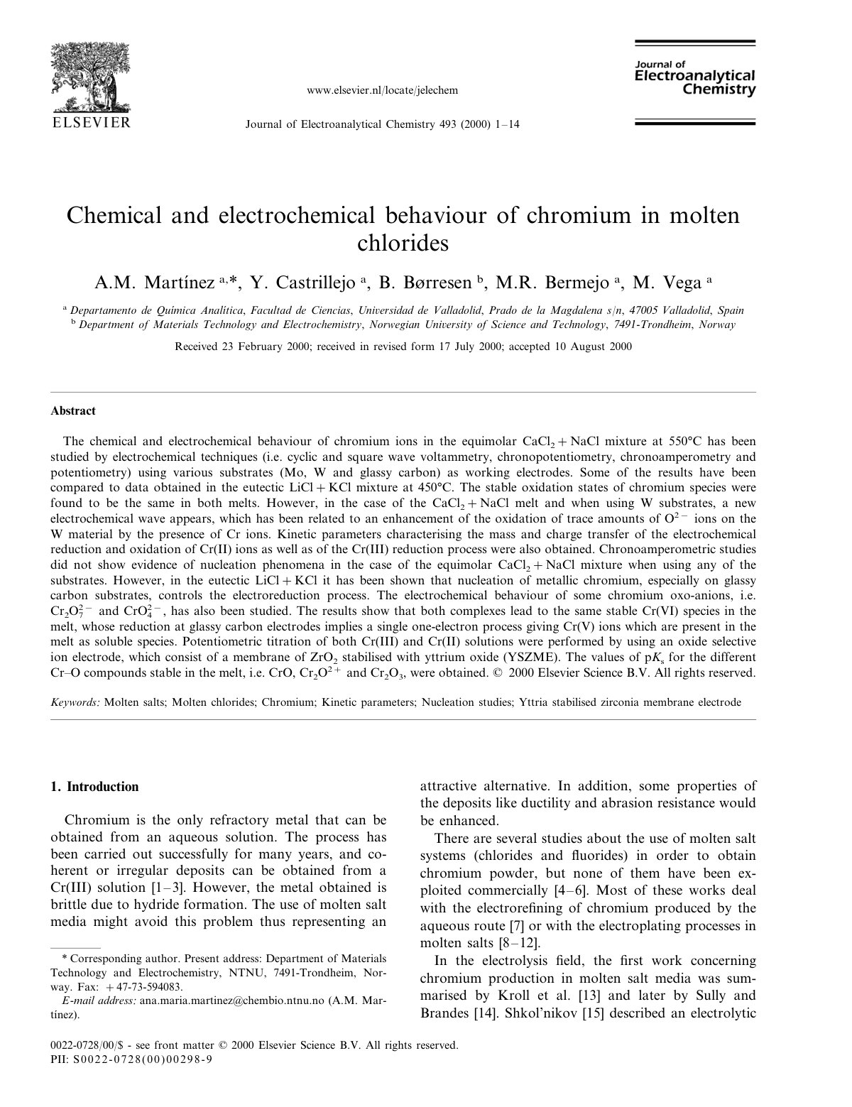 First page of Chemical and electrochemical behaviour of chromium in molten chlorides