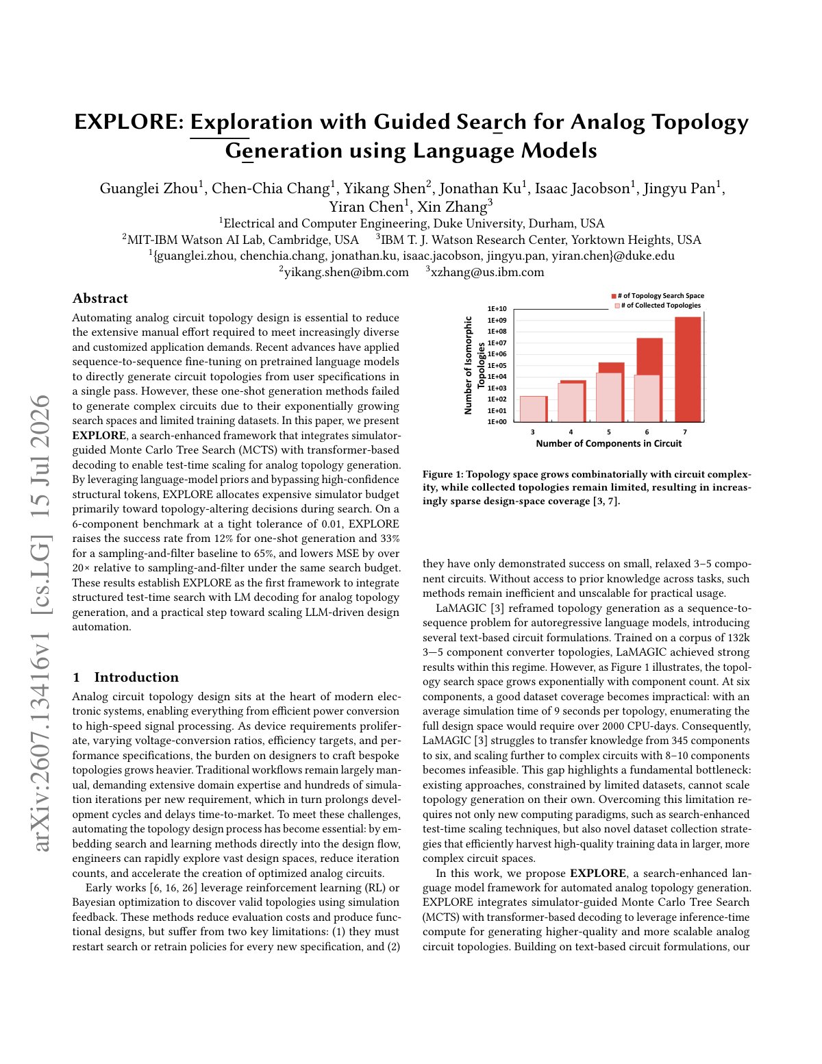 First page of EXPLORE: Exploration with Guided Search for Analog Topology Generation using Language Models