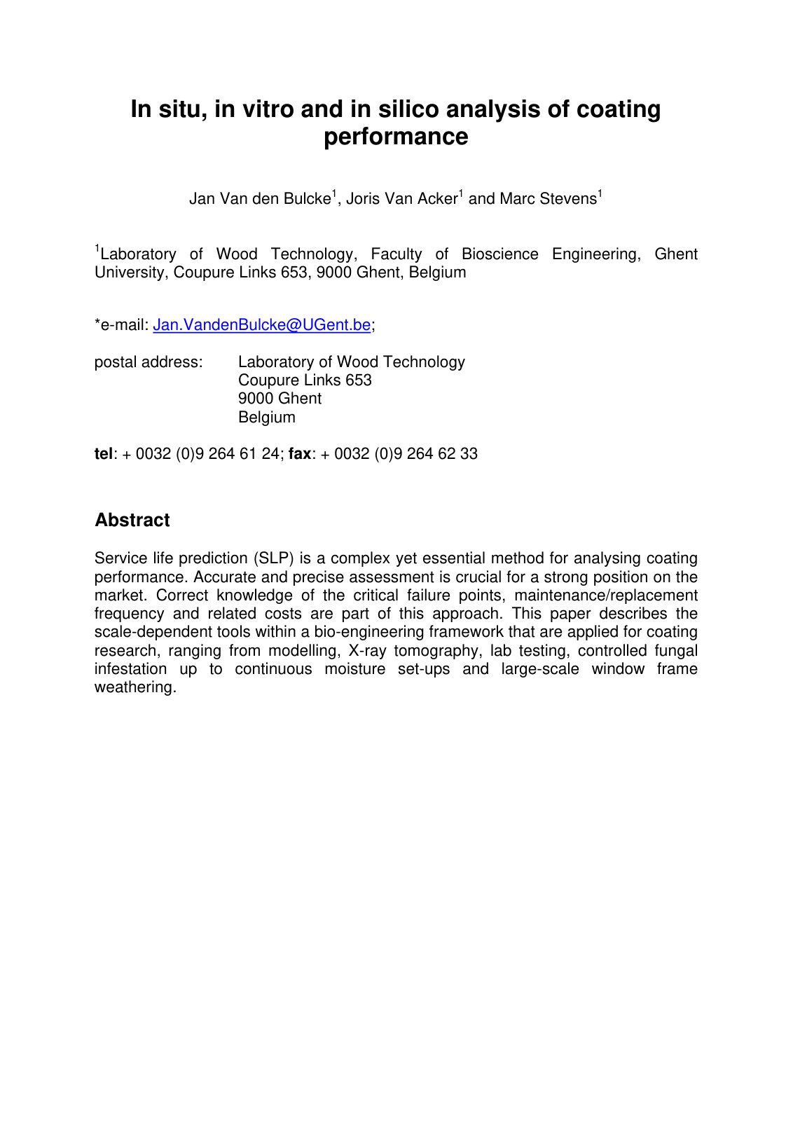 First page of In situ, in vitro and in silico analysis of coating performance