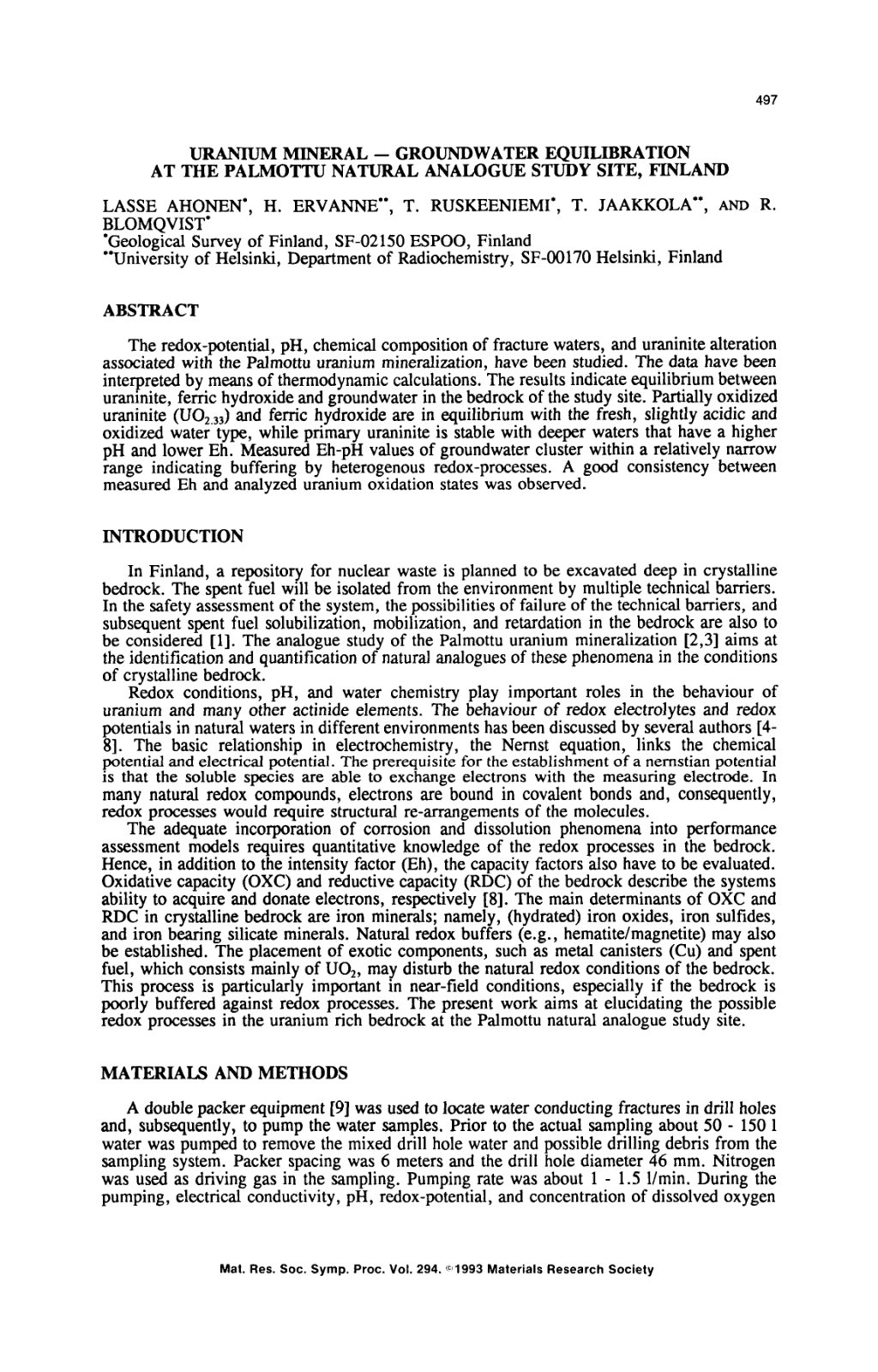 First page of URANIUM MINERAL - GROUNDWATER EQUILIBRATION AT THE PALMOTTU NATURAL ANALOGUE STUDY SITE, FINLAND
