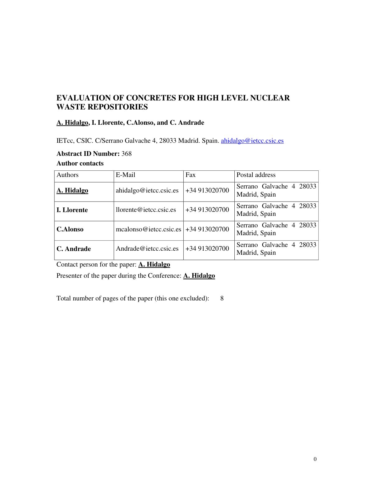 First page of EVALUATION OF CONCRETES FOR HIGH LEVEL NUCLEAR WASTE REPOSITORIES