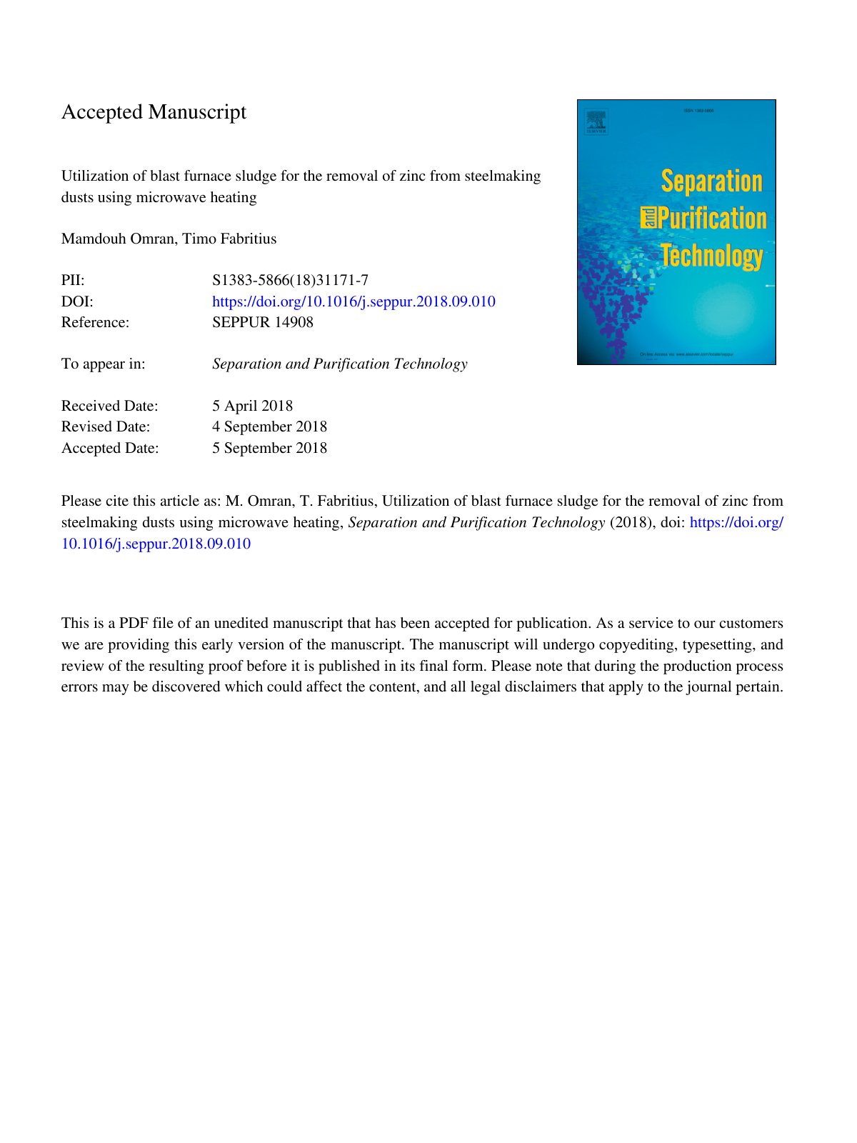 First page of Utilization of blast furnace sludge for the removal of zinc from steelmaking dusts using microwave heating