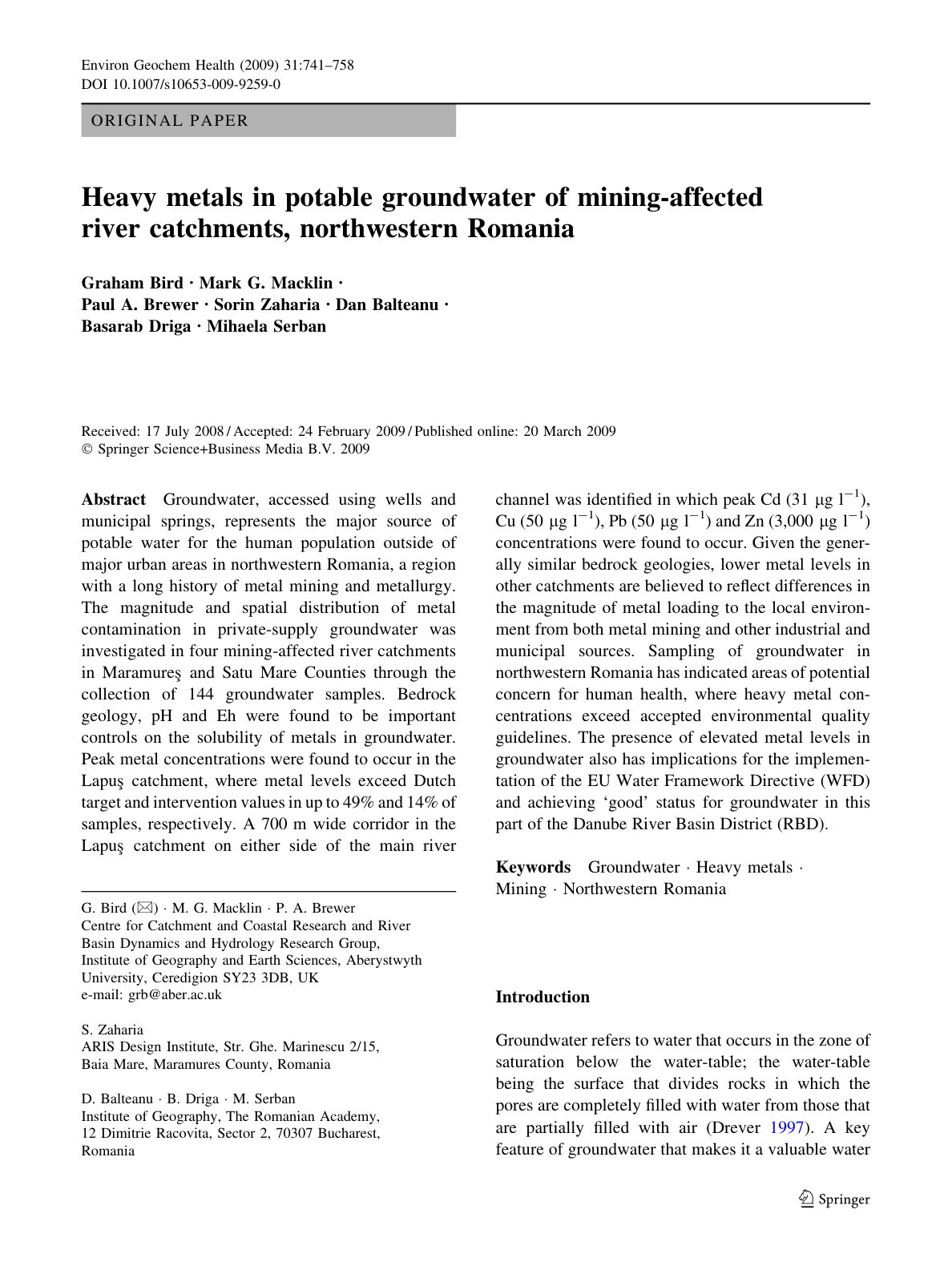 First page of Heavy metals in potable groundwater of mining-affected river catchments, northwestern Romania