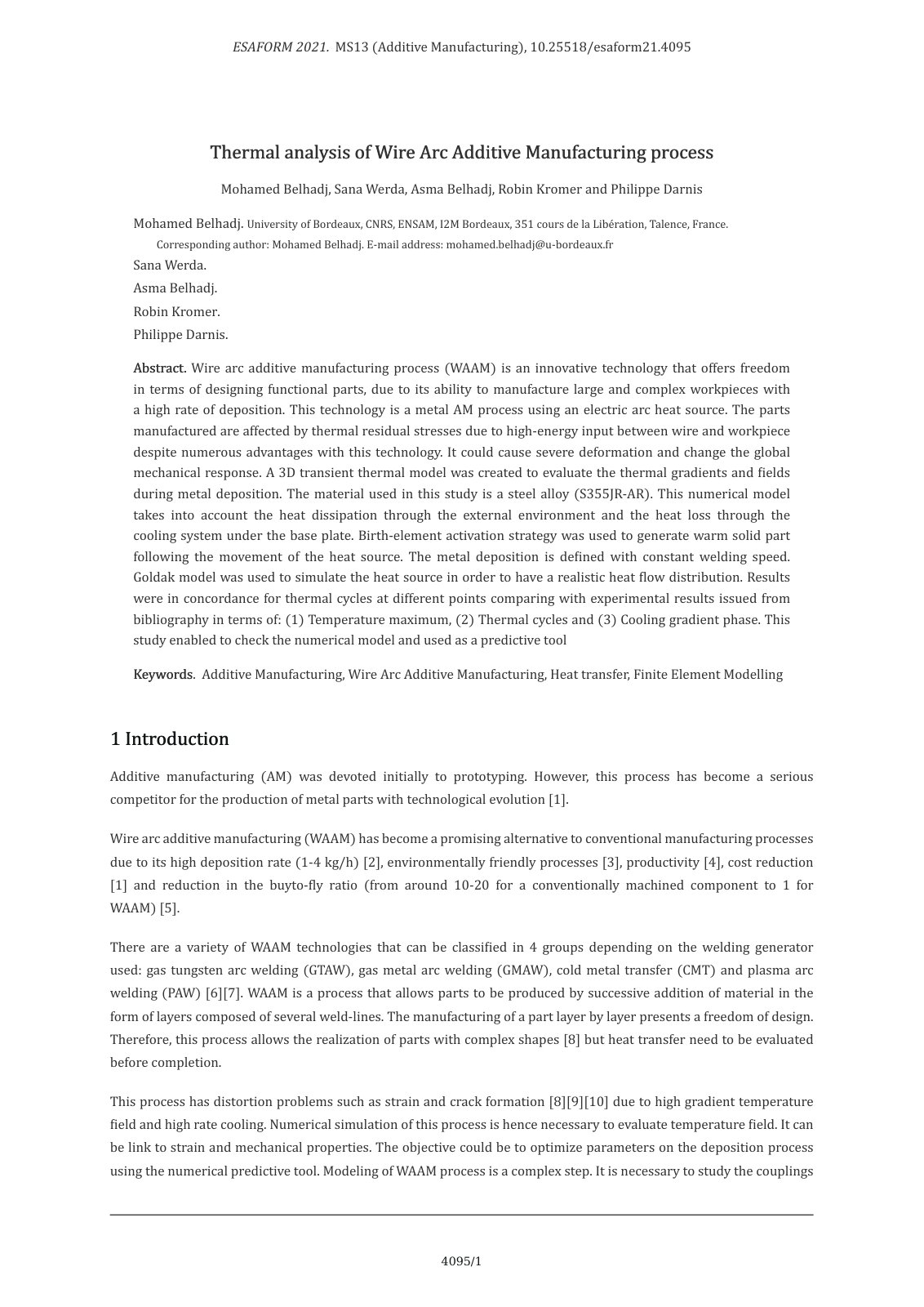 First page of Thermal analysis of Wire Arc Additive Manufacturing process