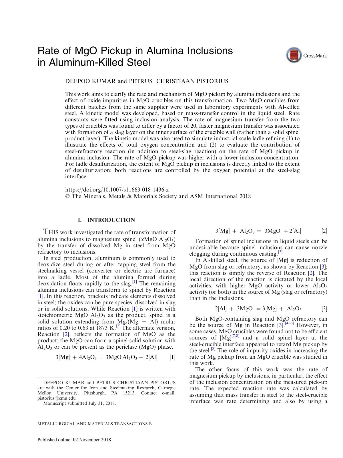 First page of Rate of MgO Pickup in Alumina Inclusions
