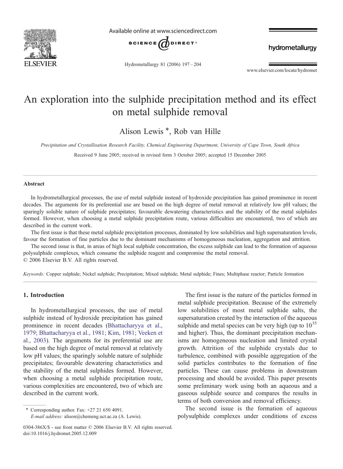 First page of An exploration into the sulphide precipitation method and its effect on metal sulphide removal