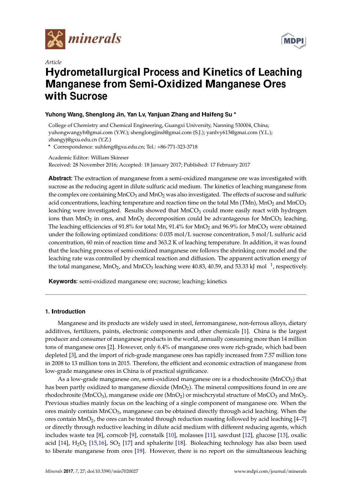 First page of 2017   Wang   Manganese leaching from semi oxidized ores with sucrose