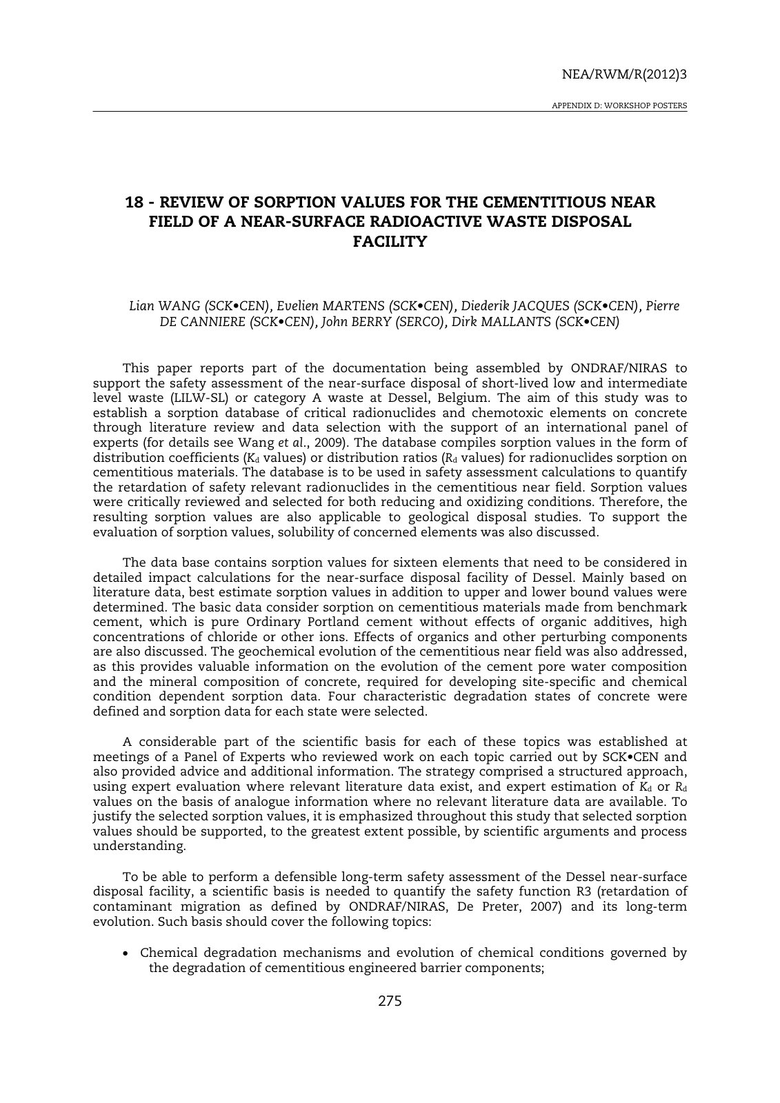 First page of Review of sorption values for the cementitious near field of a near-surface radioactive waste disposal facility