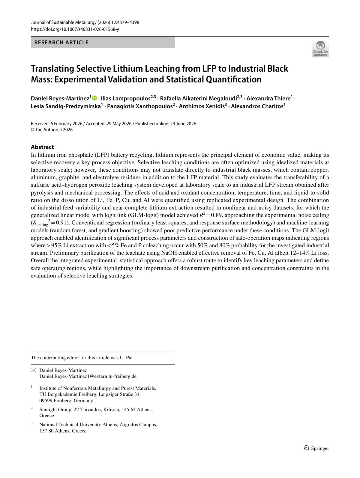 First page of Translating Selective Lithium Leaching from LFP to Industrial Black Mass: Experimental Validation and Statistical Quantification