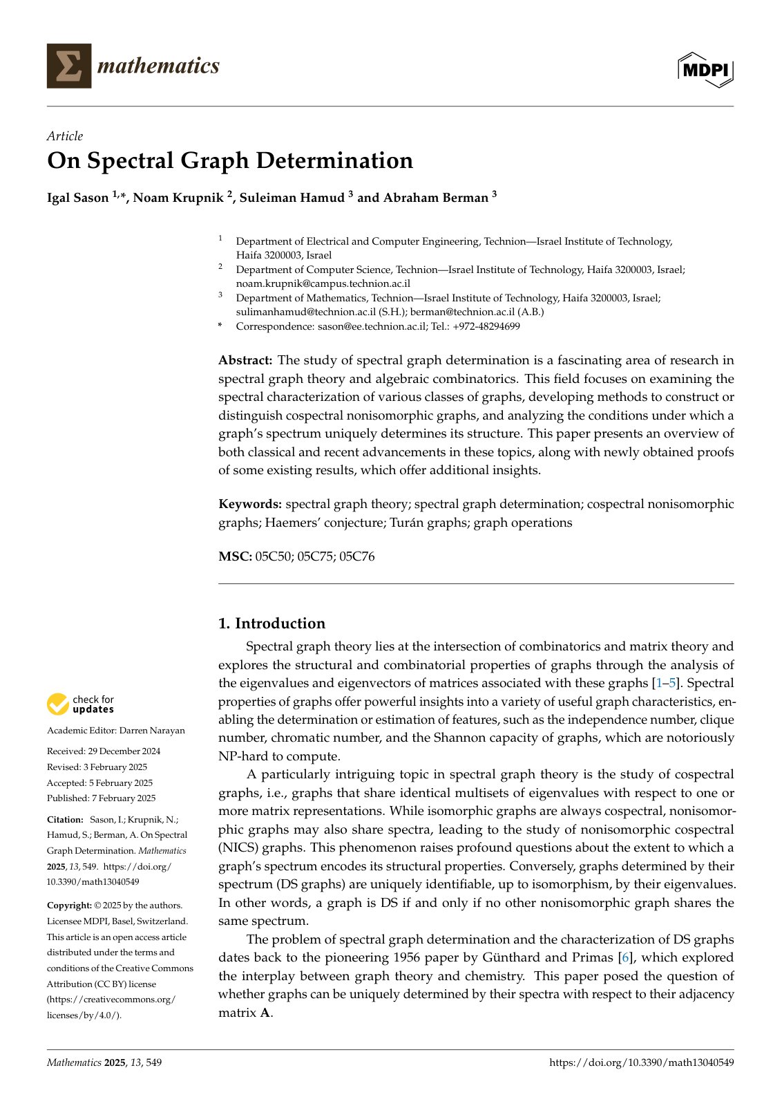 First page of On Spectral Graph Determination