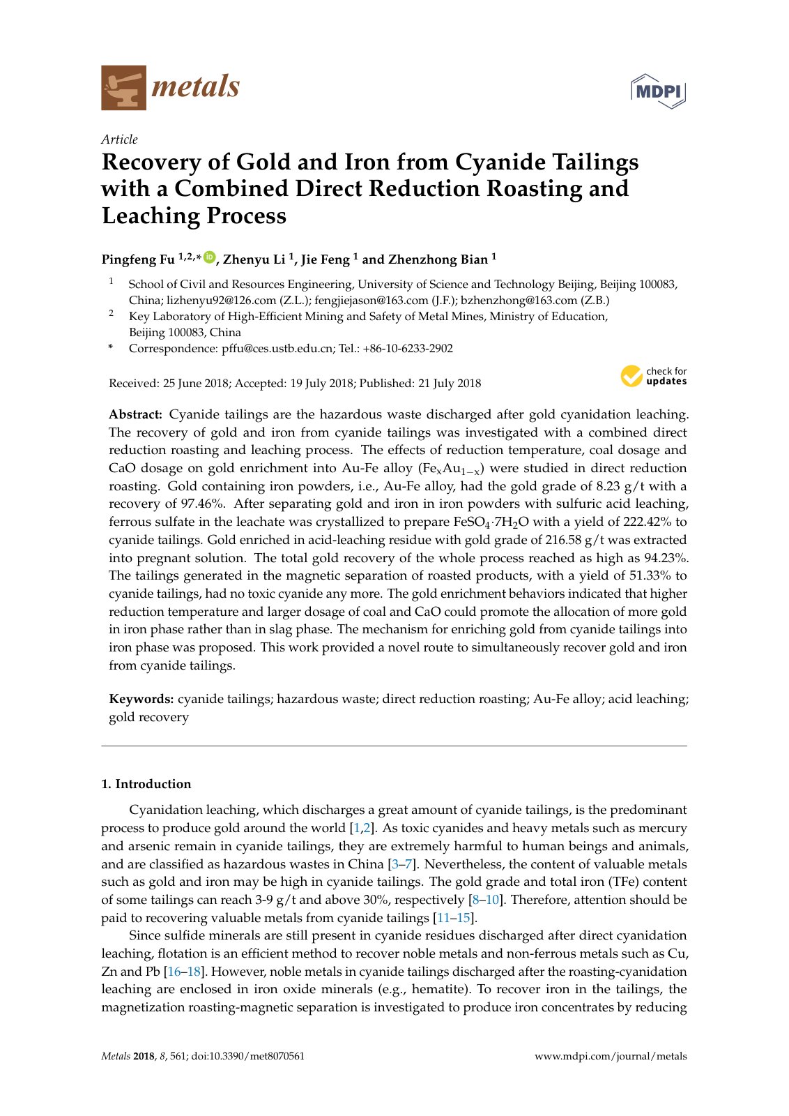 First page of Recovery of Gold and Iron from Cyanide Tailings with a Combined Direct Reduction Roasting and Leaching Process