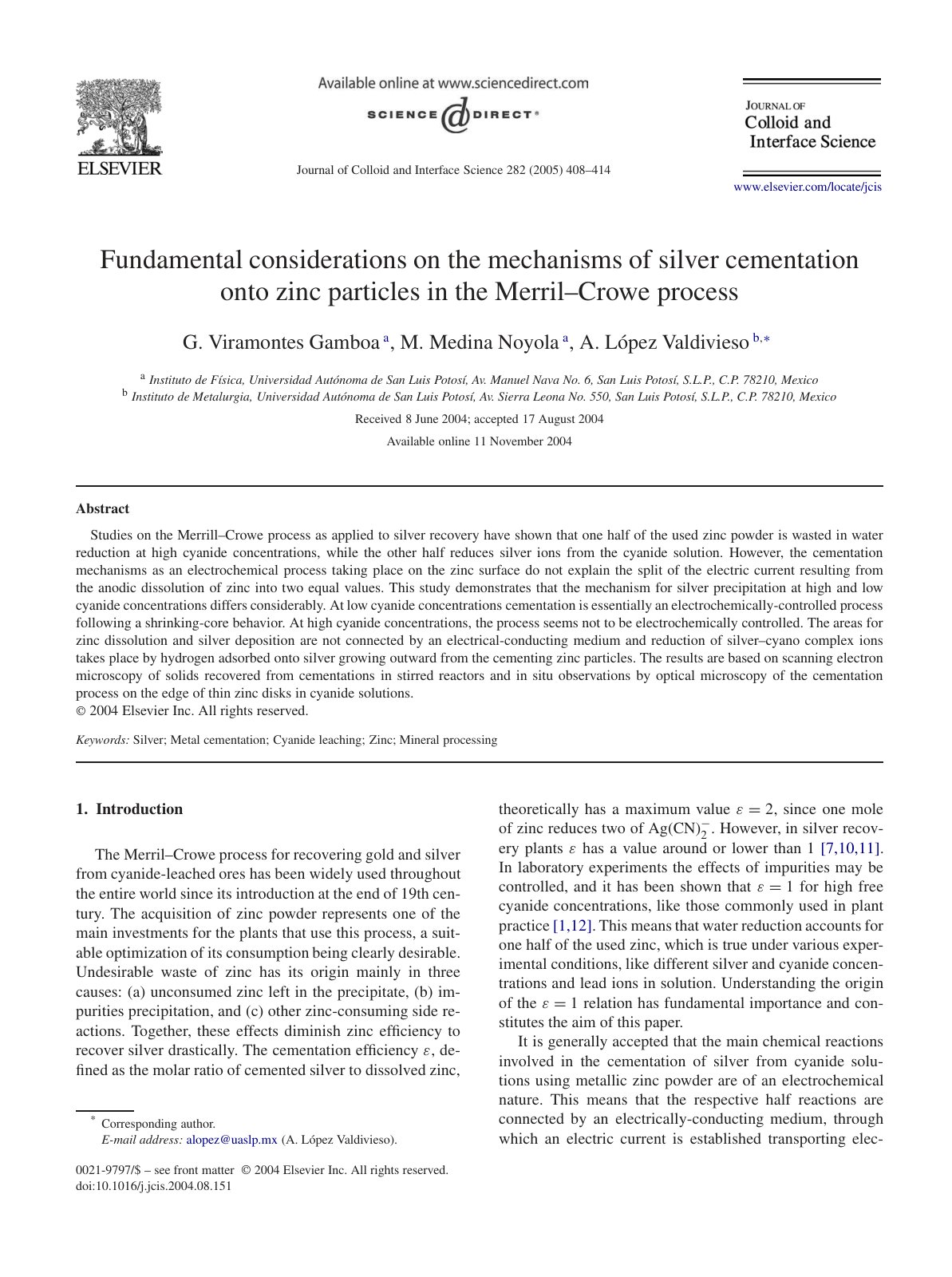 First page of Fundamental considerations on the mechanisms of silver cementation onto zinc particles in the Merril–Crowe process
