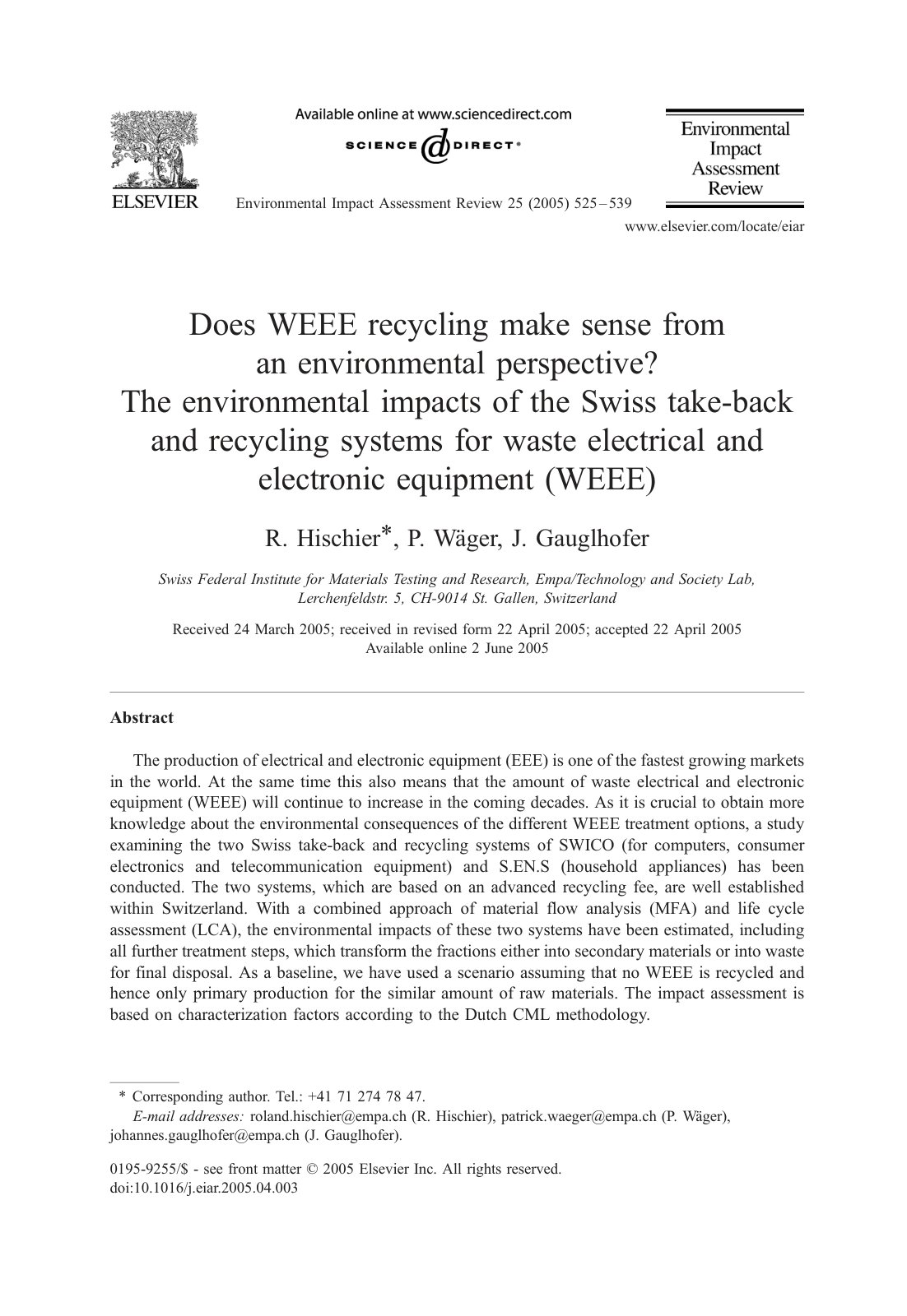 First page of Does WEEE recycling make sense from an environmental perspe 2005 Environment