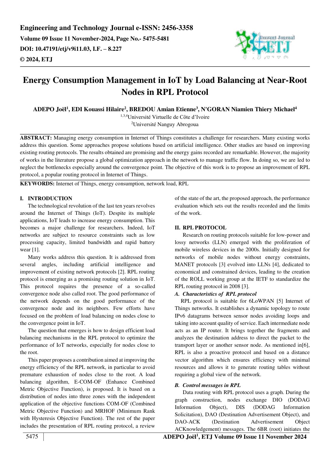 First page of Energy Consumption Management in IoT by Load Balancing at Near Root 