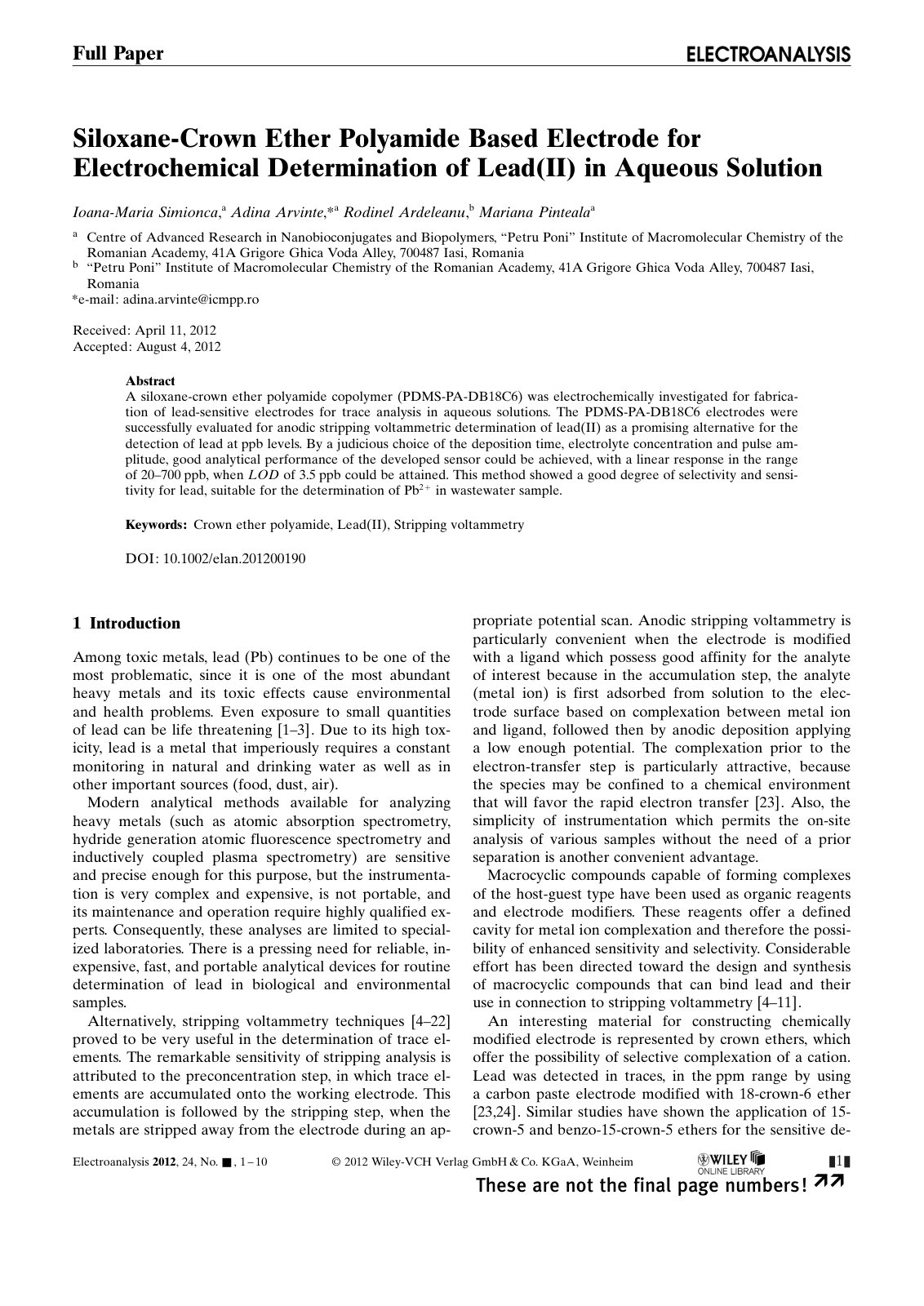 First page of Siloxane Crown Ether Polyamide Based Ele