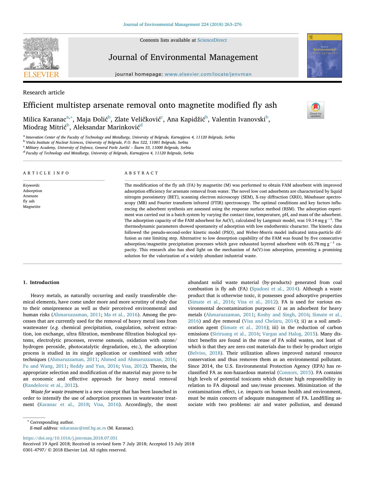 First page of Efficient multistep arsenate removal ont
