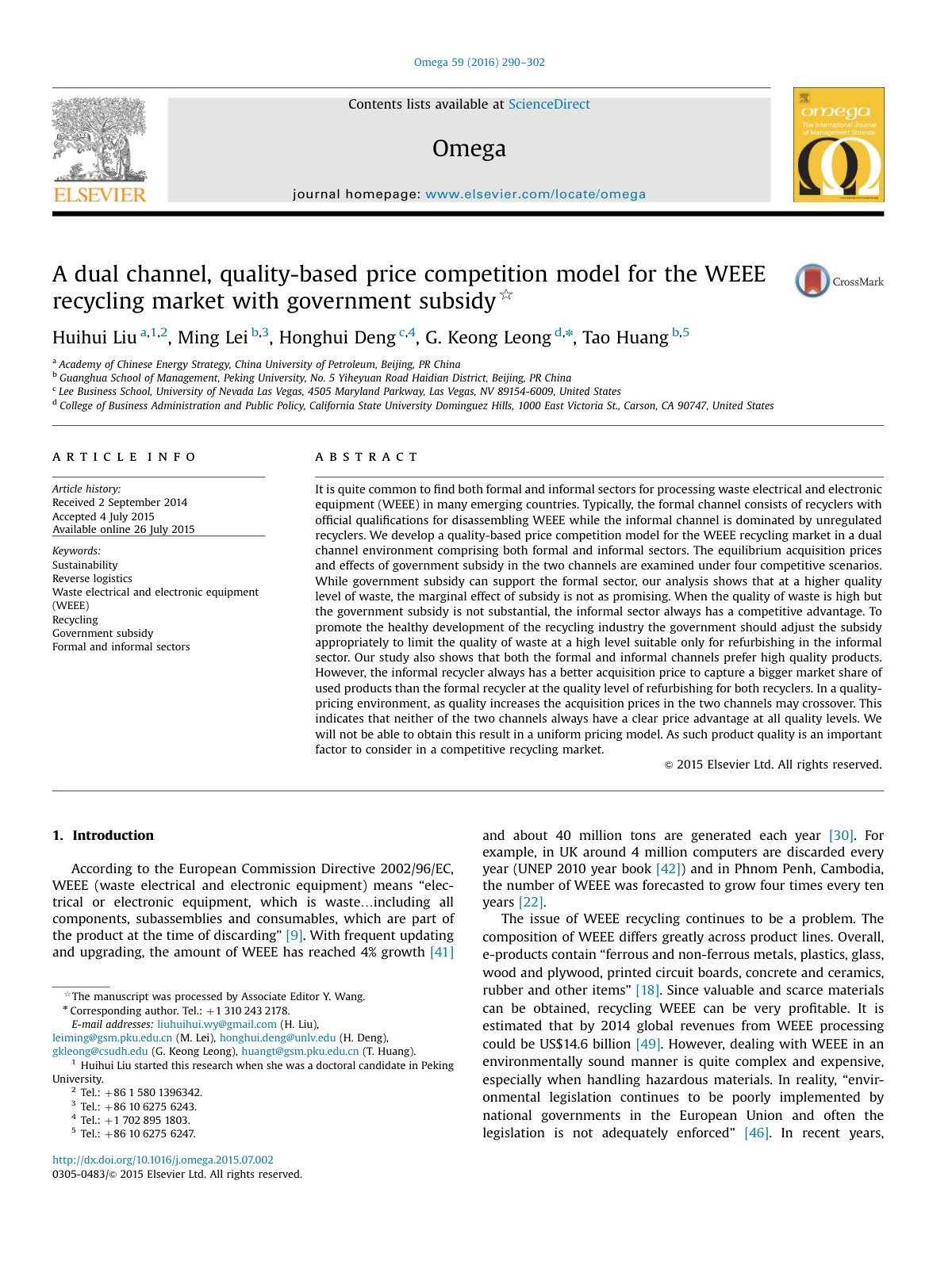 First page of A dual channel  quality based price competition model for the WEEE  2016 Ome
