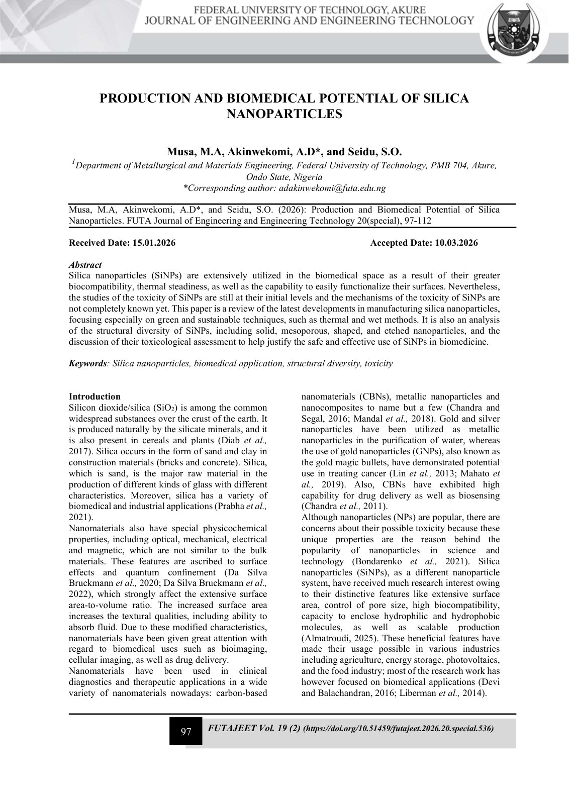 First page of PRODUCTION AND BIOMEDICAL POTENTIAL OF SILICA NANO