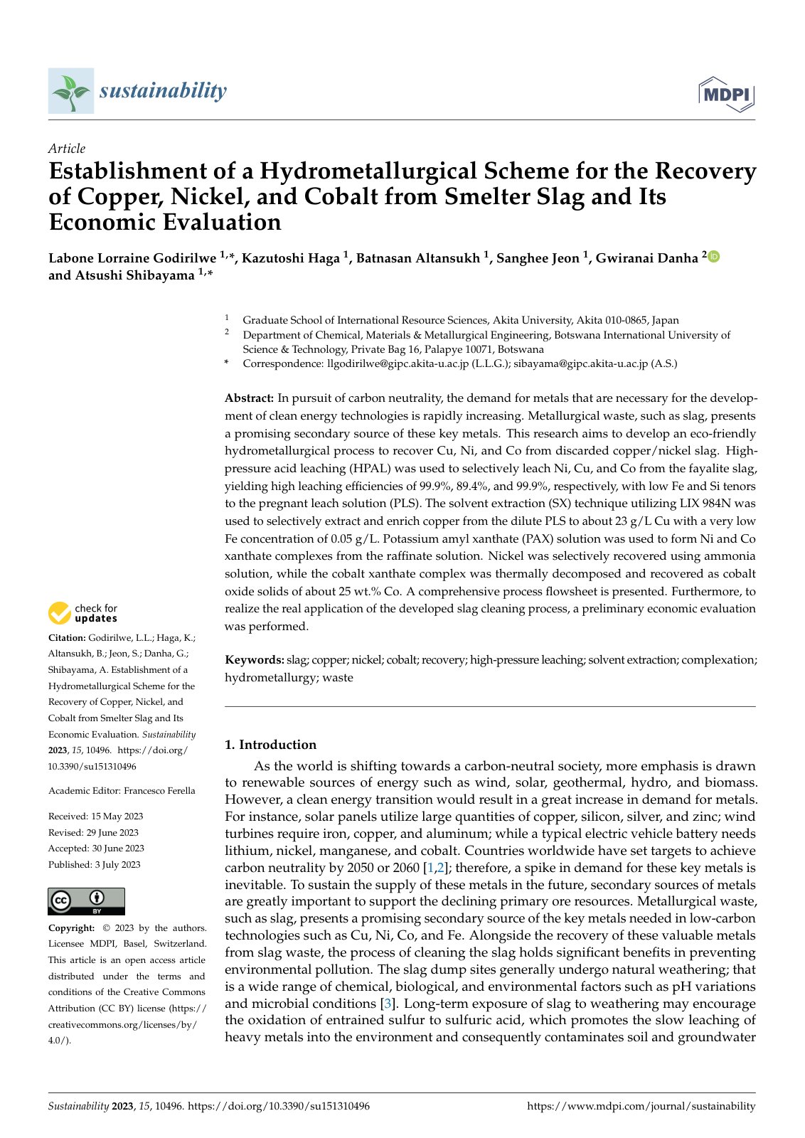 First page of Establishment of a Hydrometallurgical Scheme for the Recovery of Copper, Nickel, and Cobalt from Smelter Slag and Its Economic Evaluation