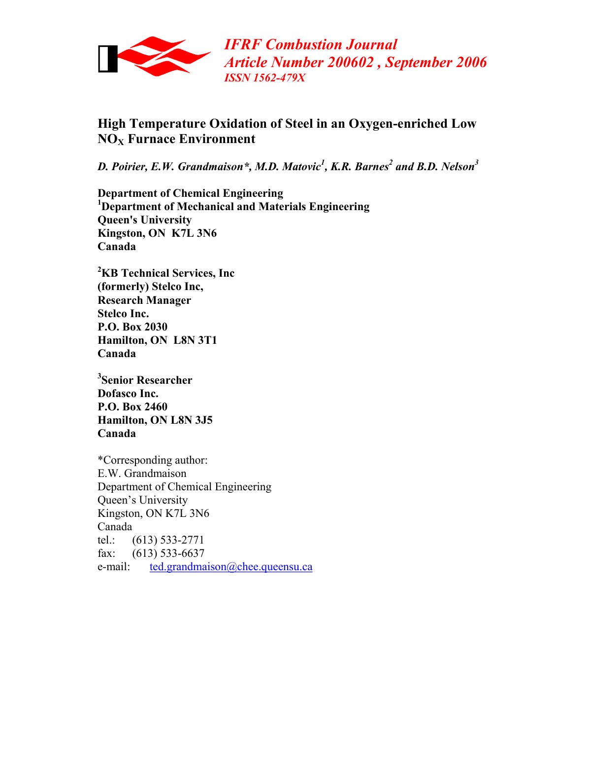 First page of High Temperature Oxidation of Steel in an Oxygen-enriched Low NOX Furnace Environment